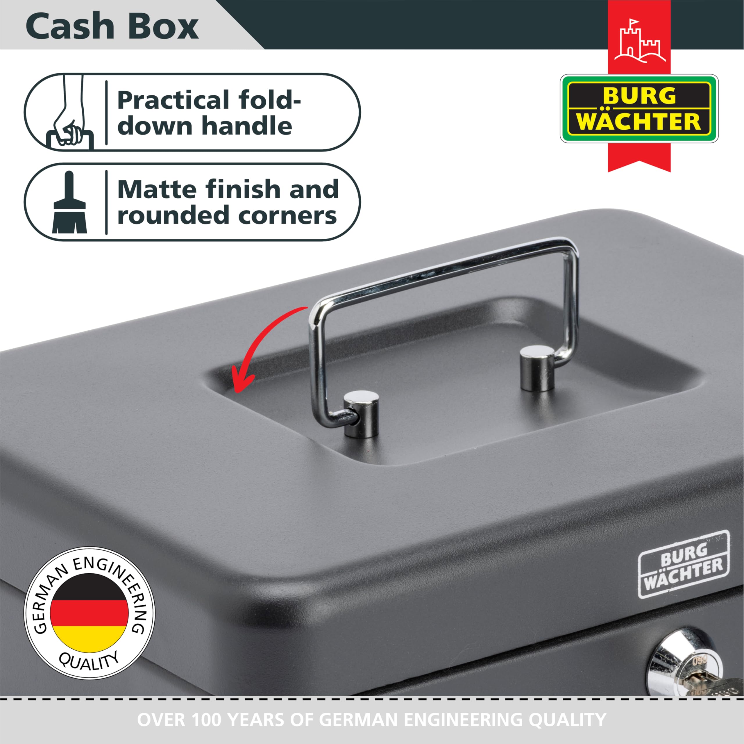 Burg-Wächter CB03GBBK 10' Cash Box with Sterling Coin Tray | Black Metal | Key Lock 3
