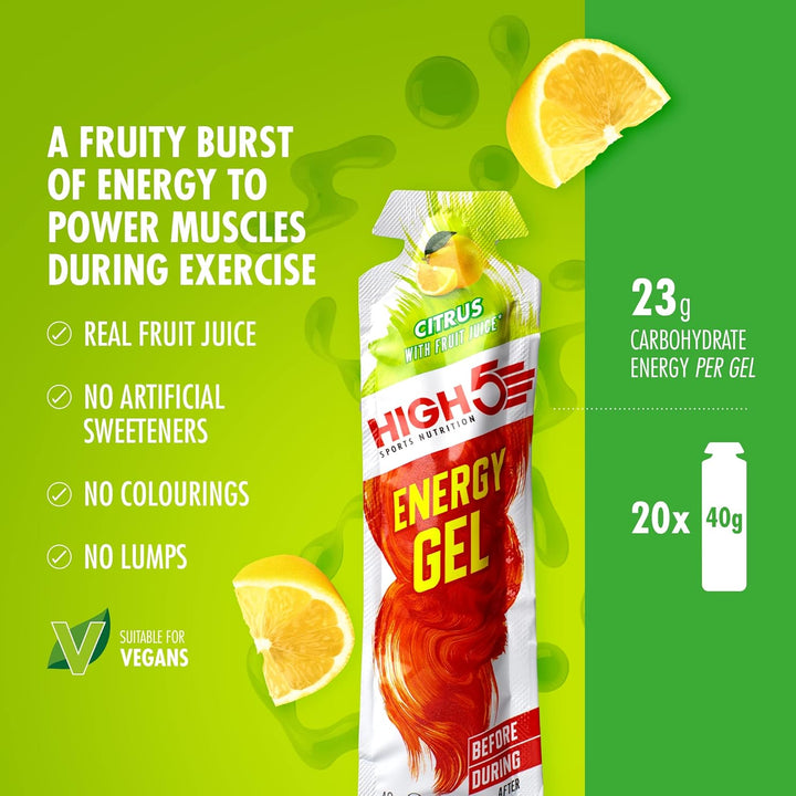 HIGH5 Energy Gel Citrus - Natural Fruit Juice Energy Gel for Endurance Sports (20 x 38g)