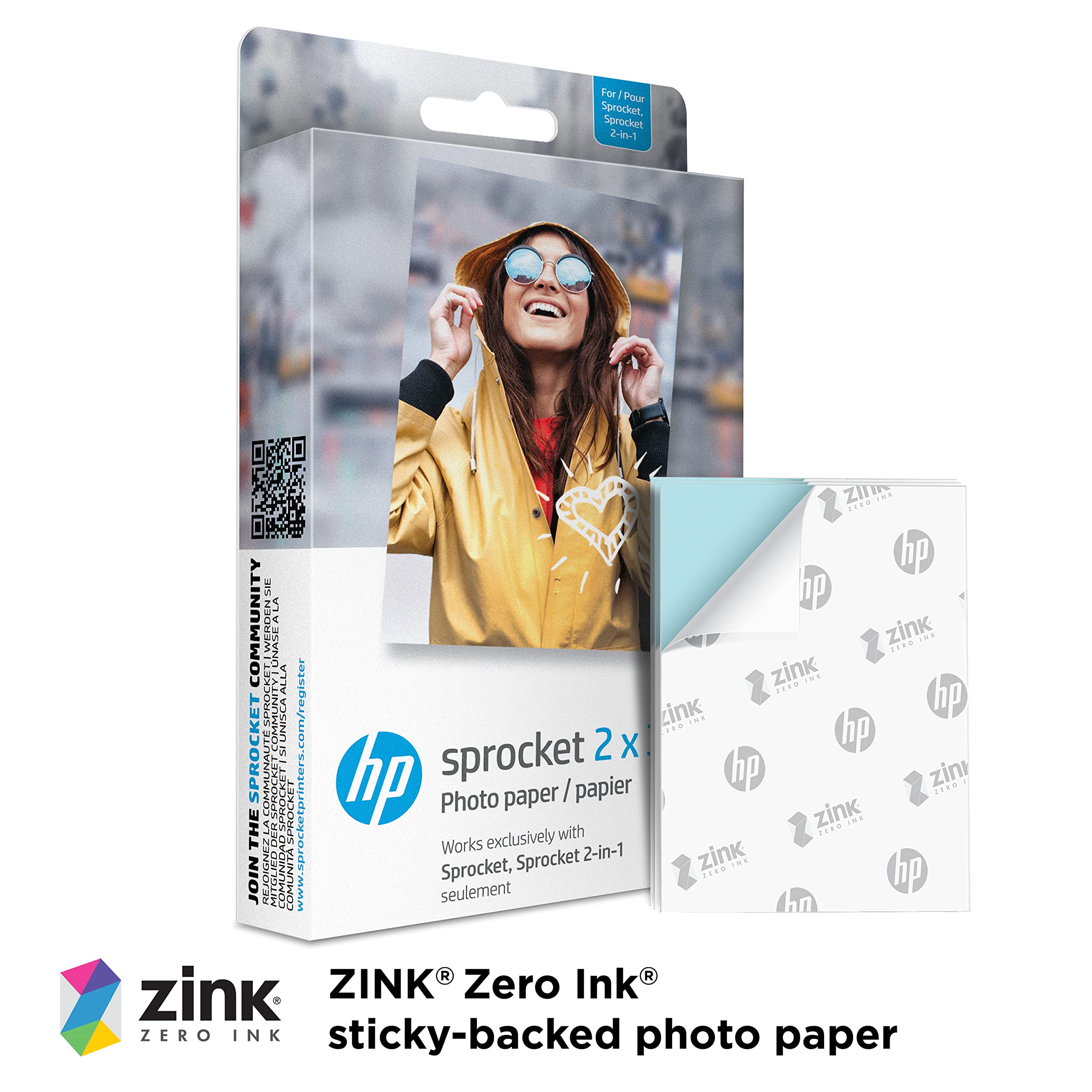 HP Sprocket 2x3 inch Premium Zink Sticky Back Photo Paper, 50 Sheets, White