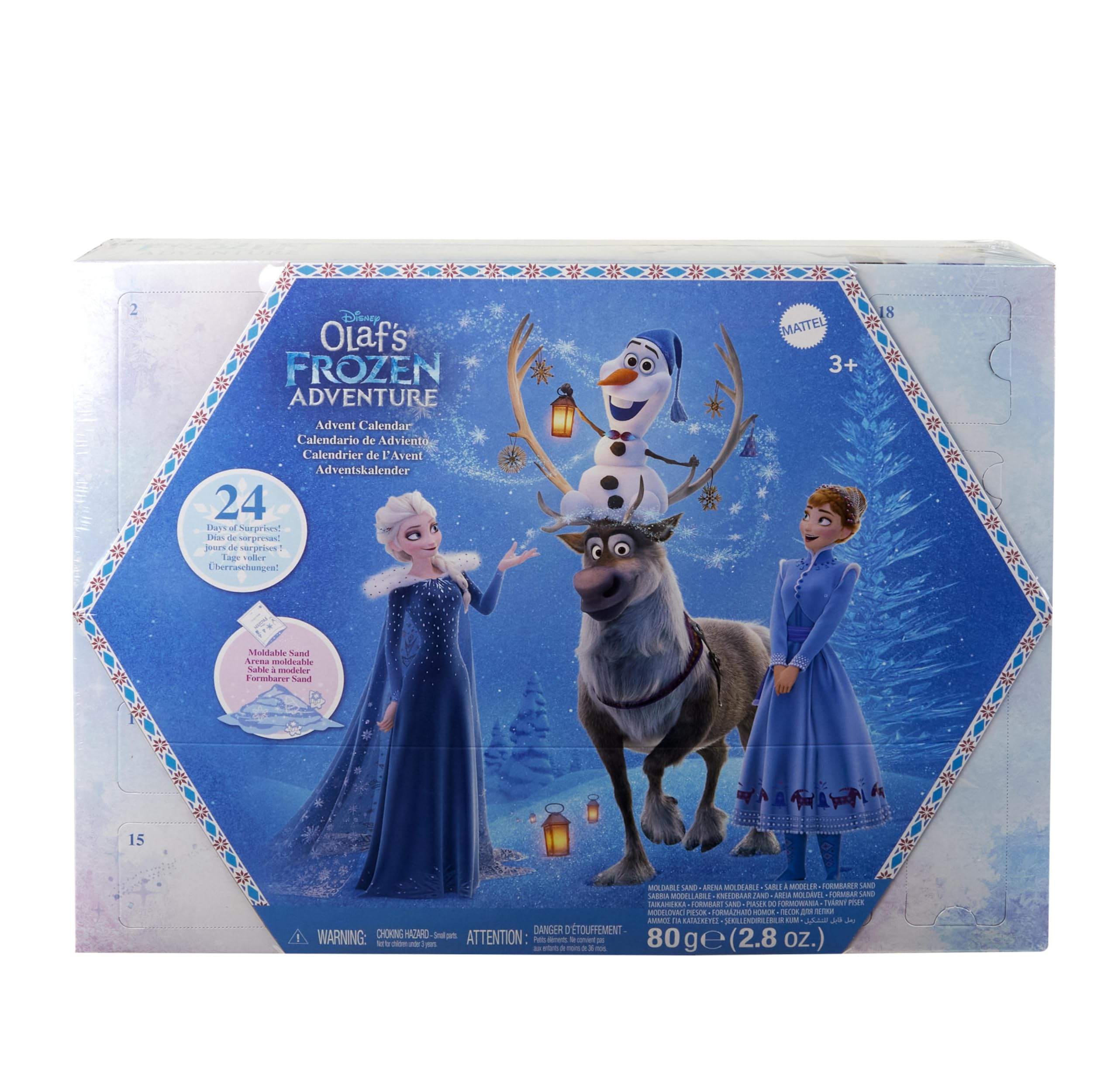 Mattel Disney Frozen Advent Calendar - 24-Day Playset with Anna, Elsa, Olaf & Sven Figures, Moldable Sand, 29-Piece Holiday Toy for Kids 3+