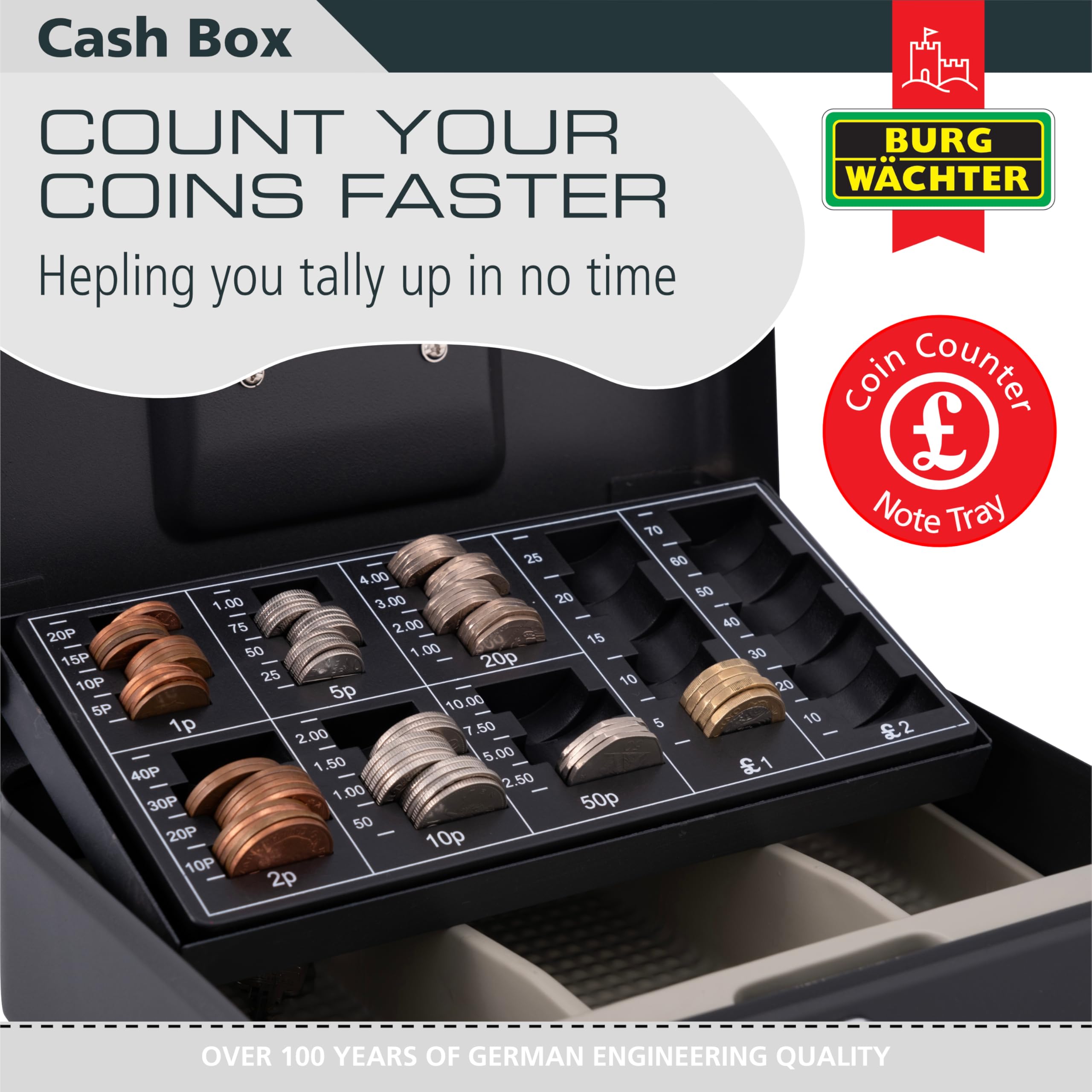 Burg-Wächter CB03GBBK 10' Cash Box with Sterling Coin Tray | Black Metal | Key Lock 2