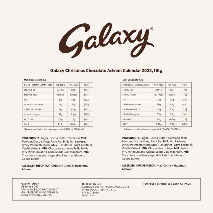 Galaxy Christmas Chocolate Advent Calendar 2022 - Milk Chocolate Countdown to Christmas, Festive Gift for Chocolate Lovers