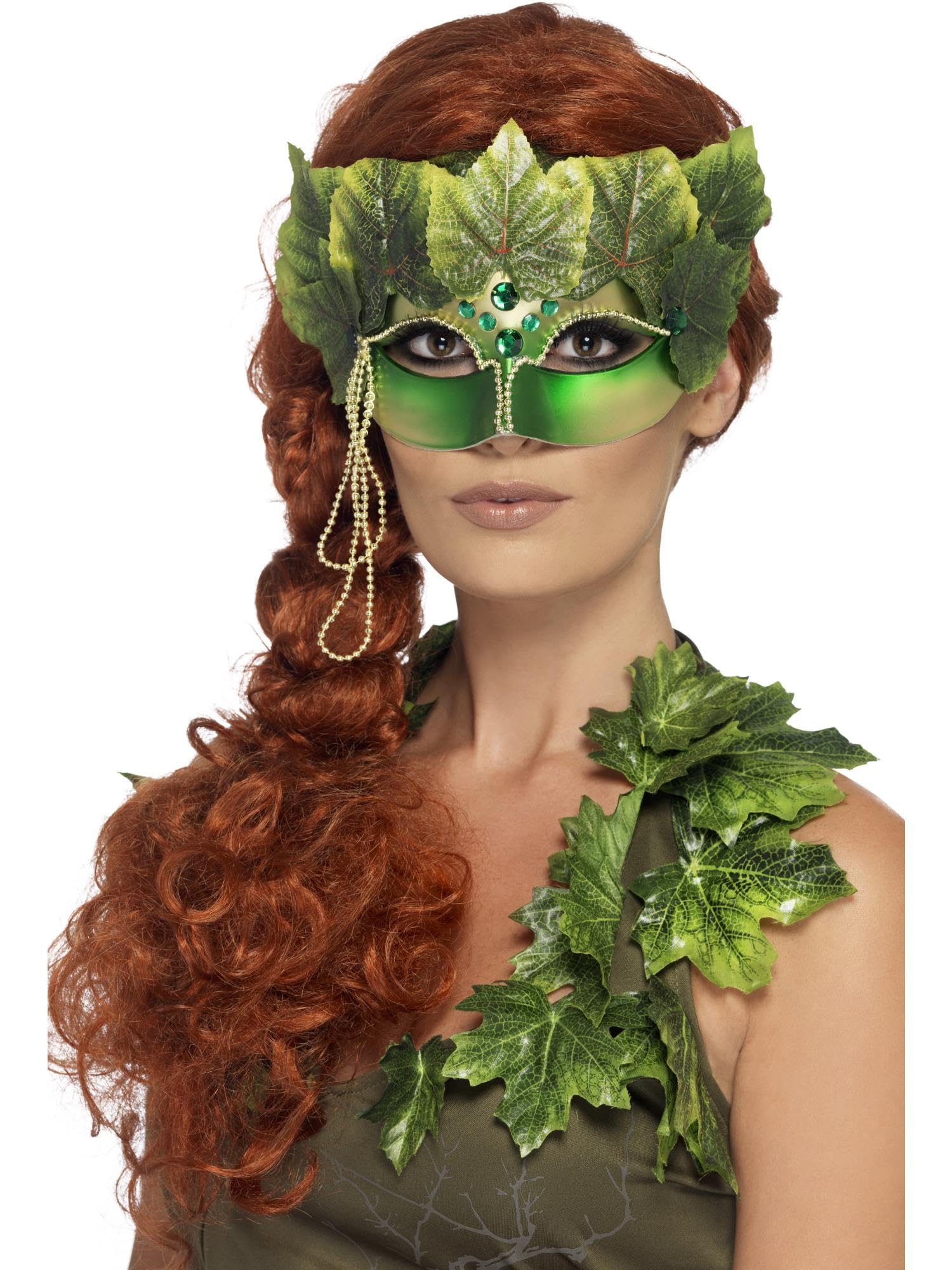 Smiffys Forest Nymph Eyemask - Green with Fabric Leaves and Jewels | Adult Fancy Dress Accessory 1