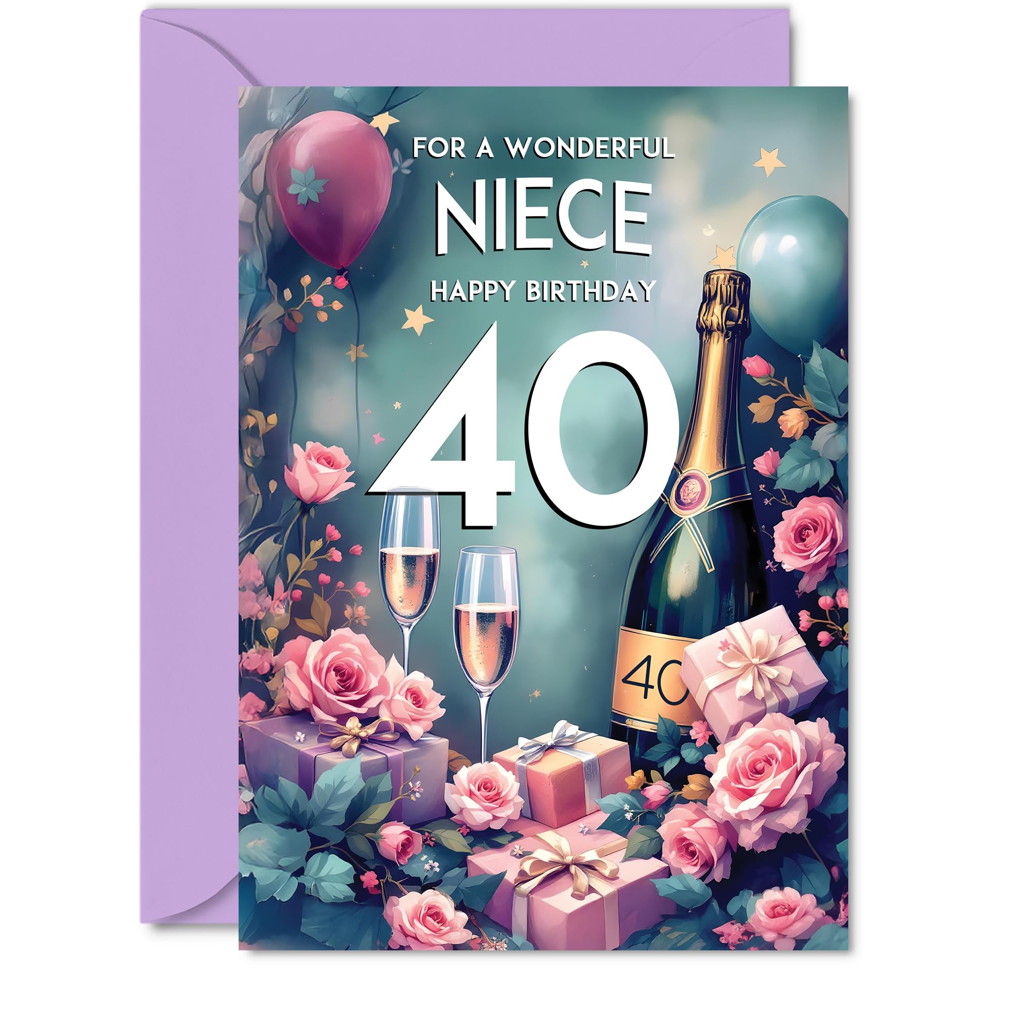 Giftzie 40th Birthday Card for Niece | 5x7 Inch Greeting Card with Envelope | Pink Presents & Champagne Design