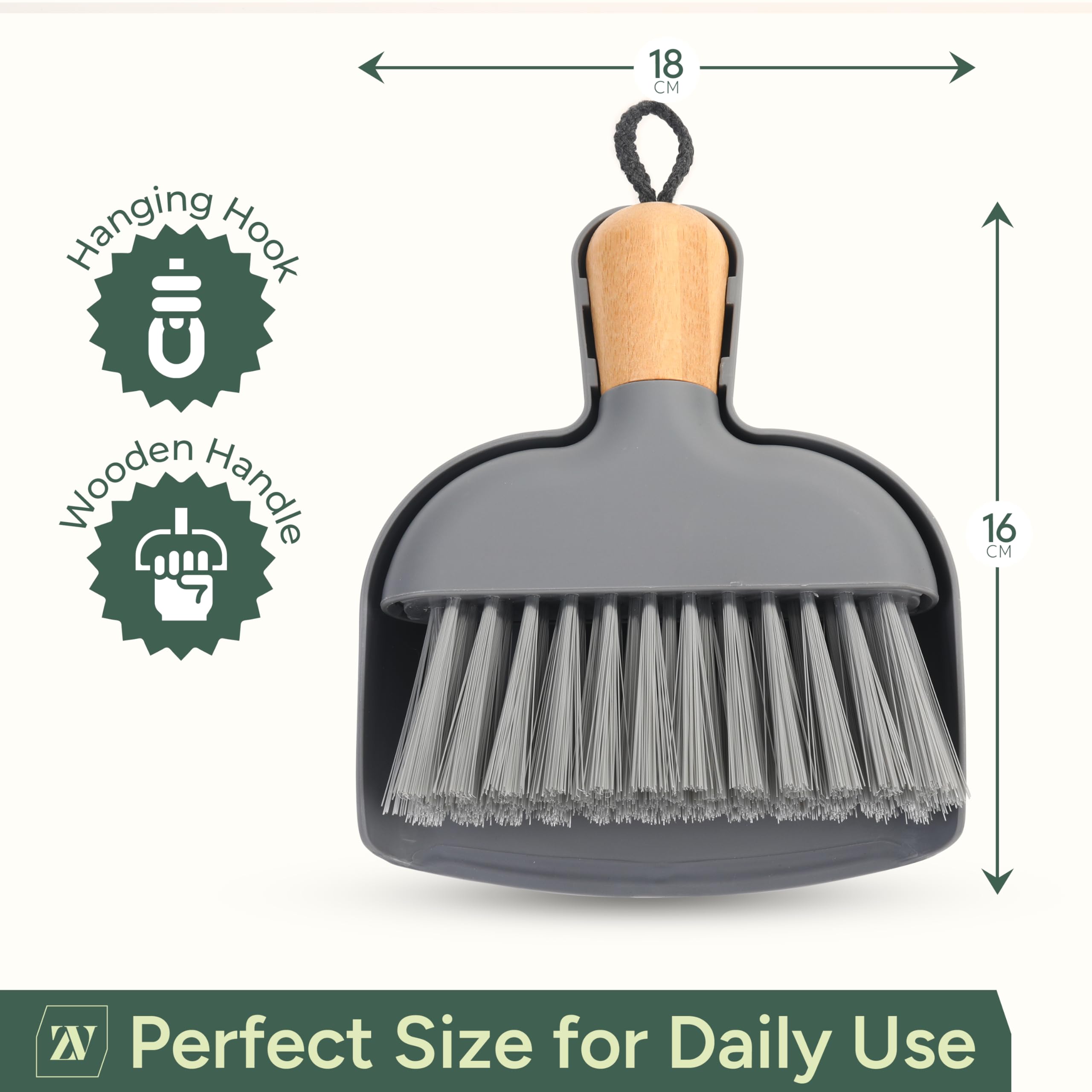 Zuvo Mini Dustpan and Brush Set - Bamboo Handle | Compact Storage Snap-On Design | Grey