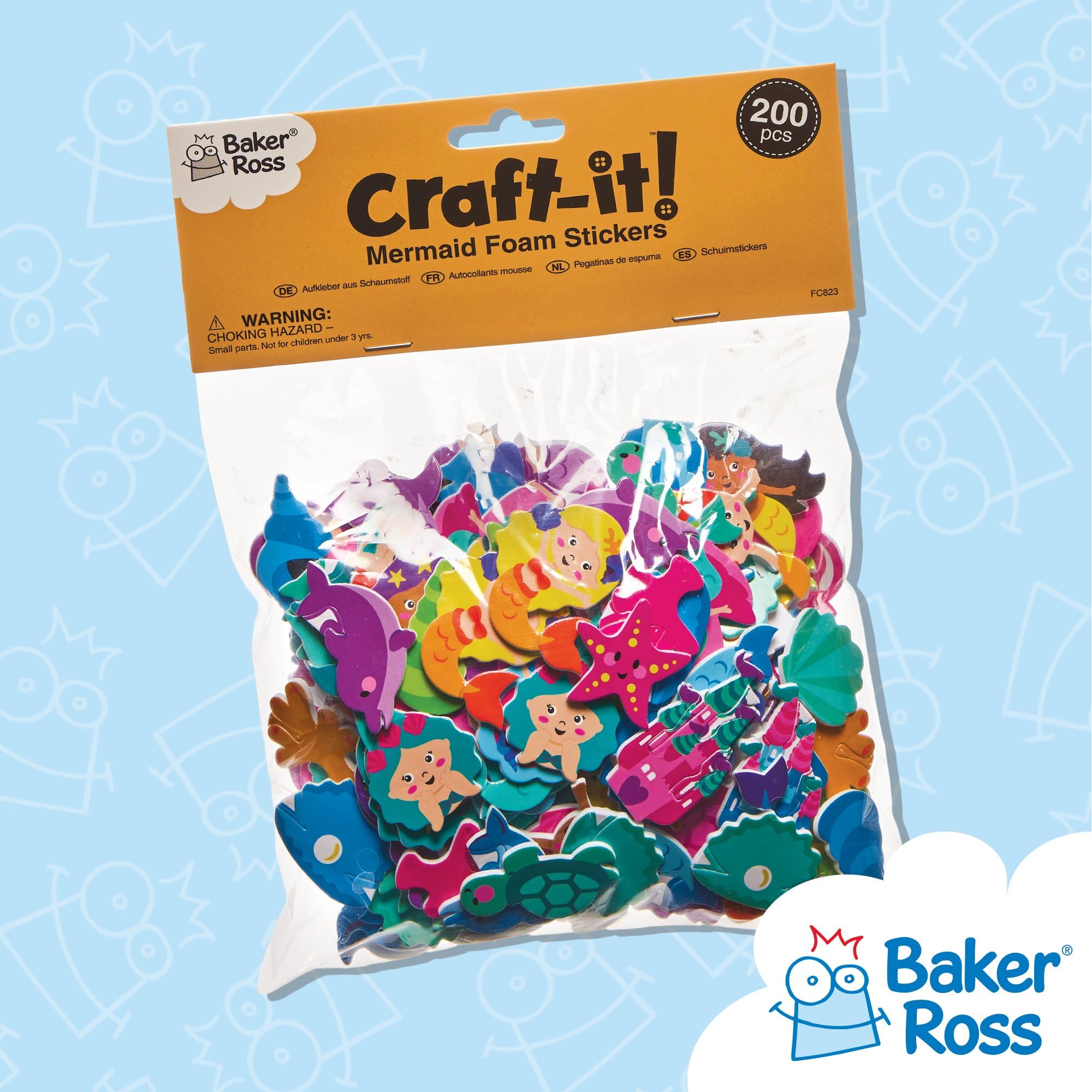 Baker Ross Mermaid Foam Stickers - Pack of 200 | 50 Assorted Styles | 25mm-40mm 6