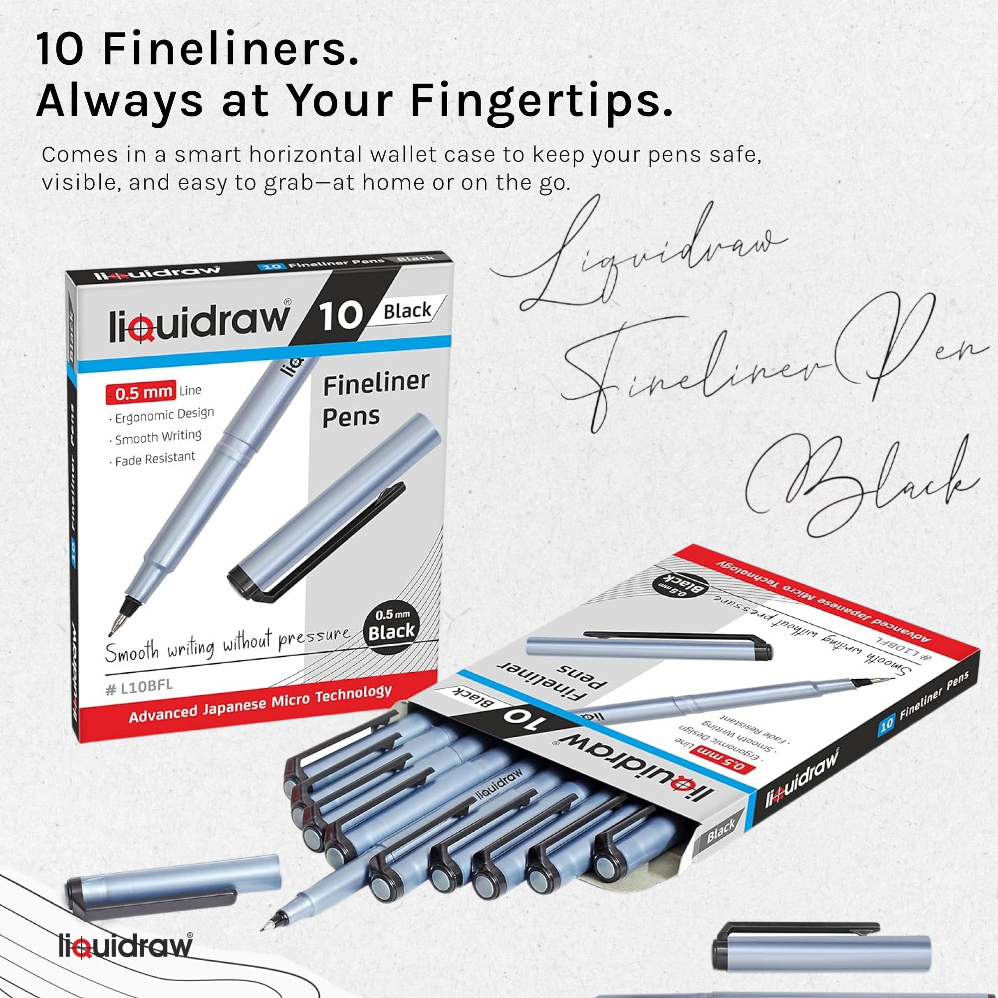Liquidraw Fineliner Pens Set - 10 Pack Black Ink | 0.5mm Fine Point | Fade Resistant 7