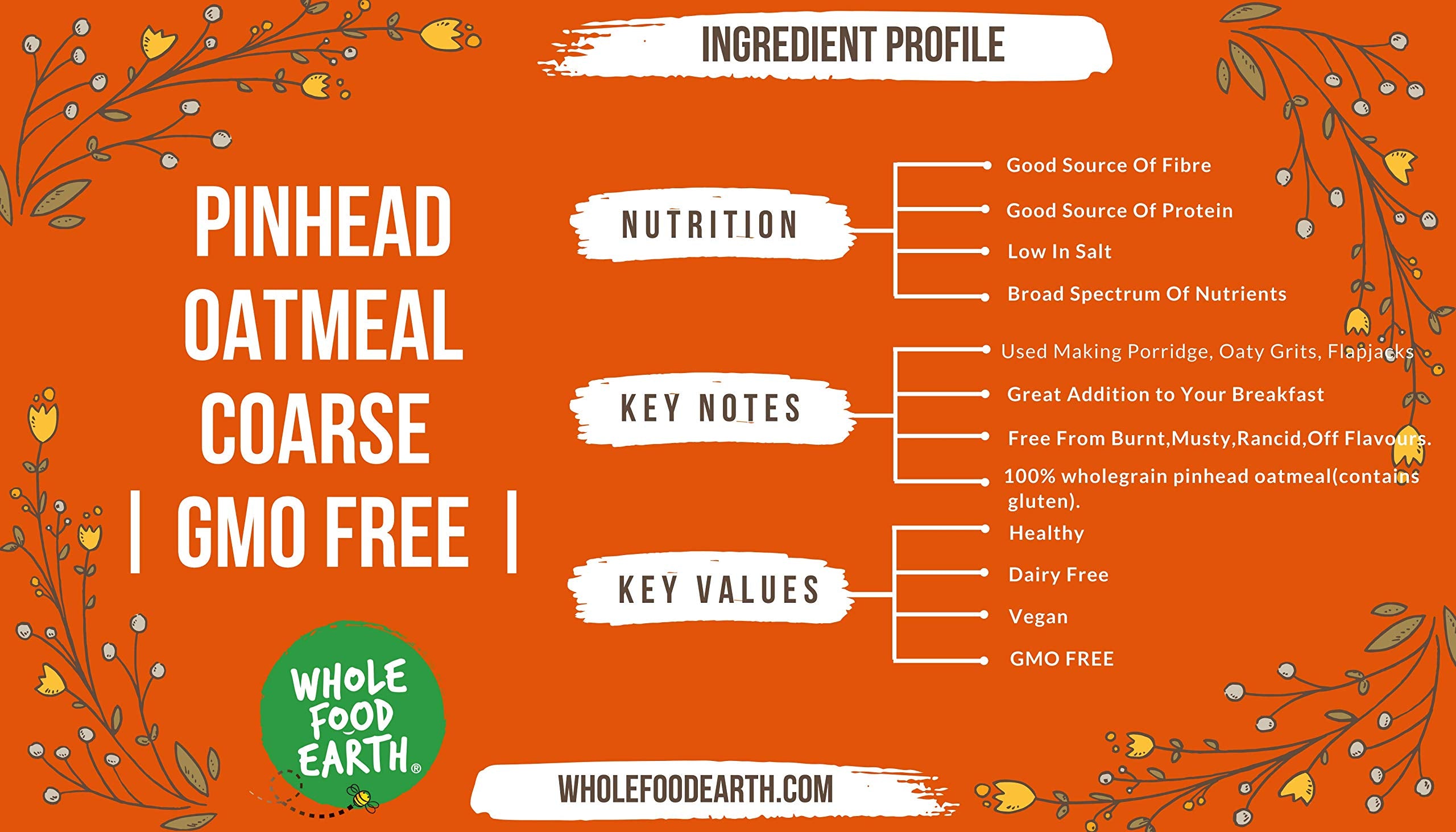 Wholefood Earth Pinhead Oatmeal Coarse Stabilised - 1kg | GMO Free | High Energy Release 4