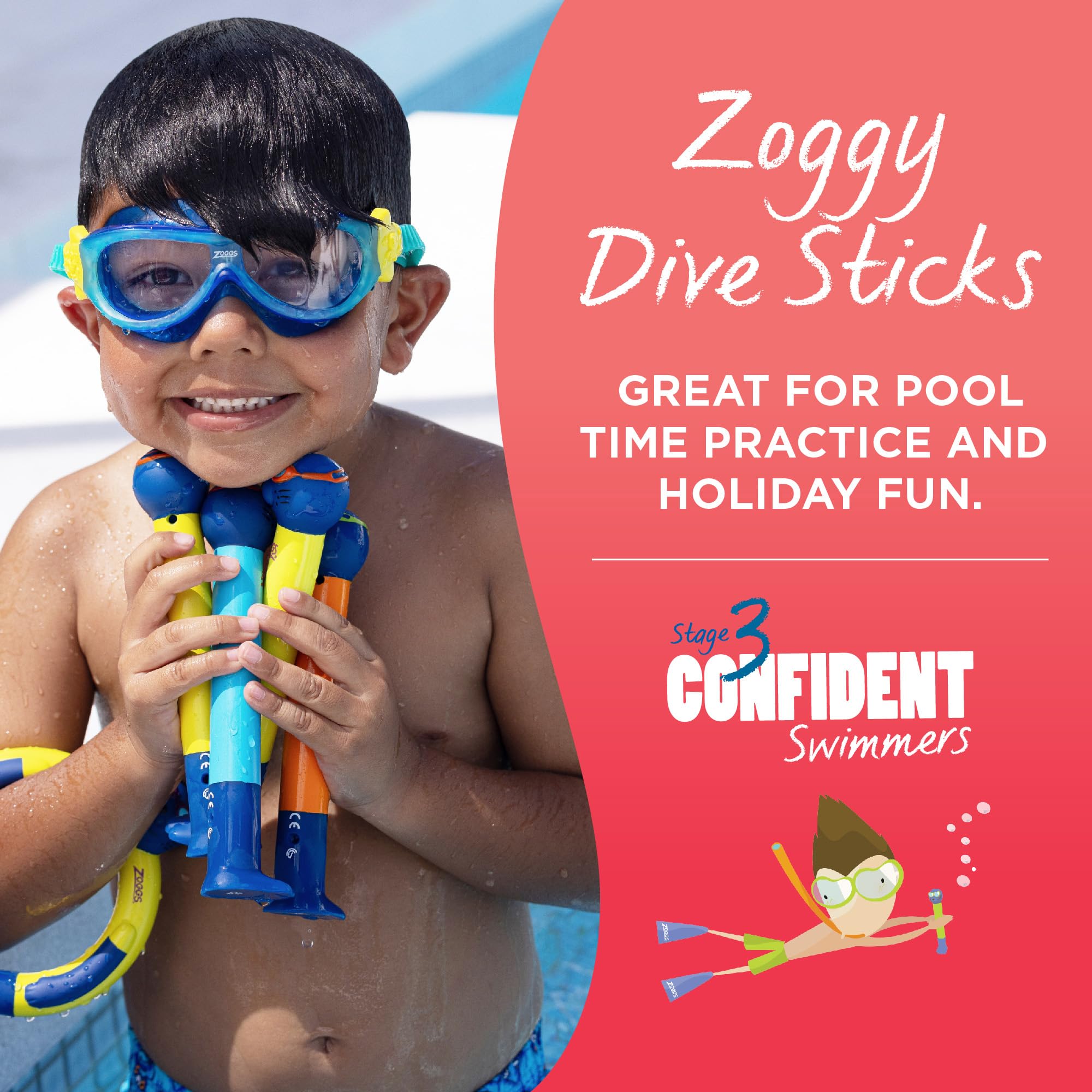Zoggs Zoggy Dive Sticks for Kids Swimming Pool Toys, Confidence Building Sinkies, Age 3 & Up, Blue/Lime/Orange, 3-Pack 5