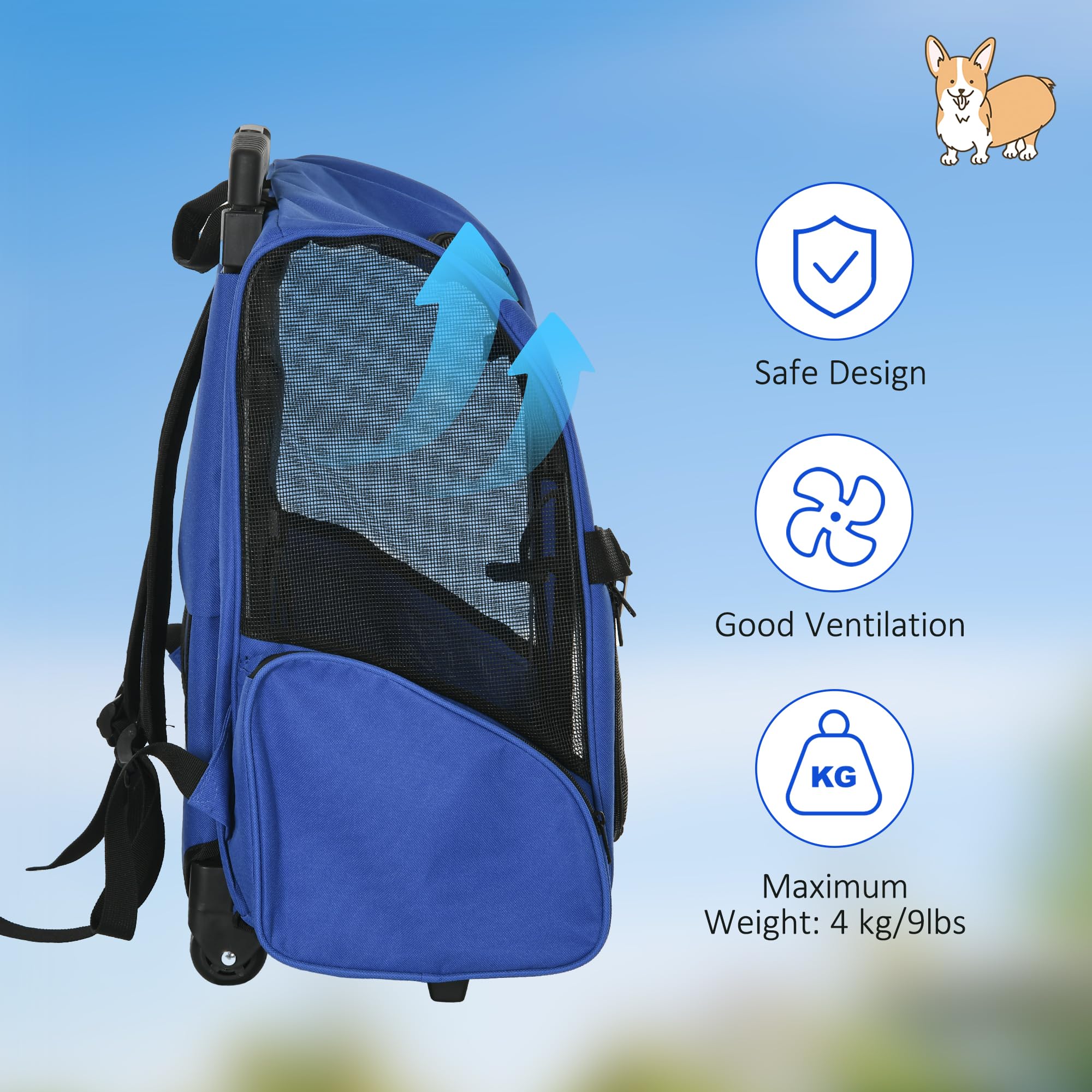 PawHut Pet Travel Backpack - 2-in-1 Trolley & Backpack Design | Water-Resistant | For Pets Under 4kg 7