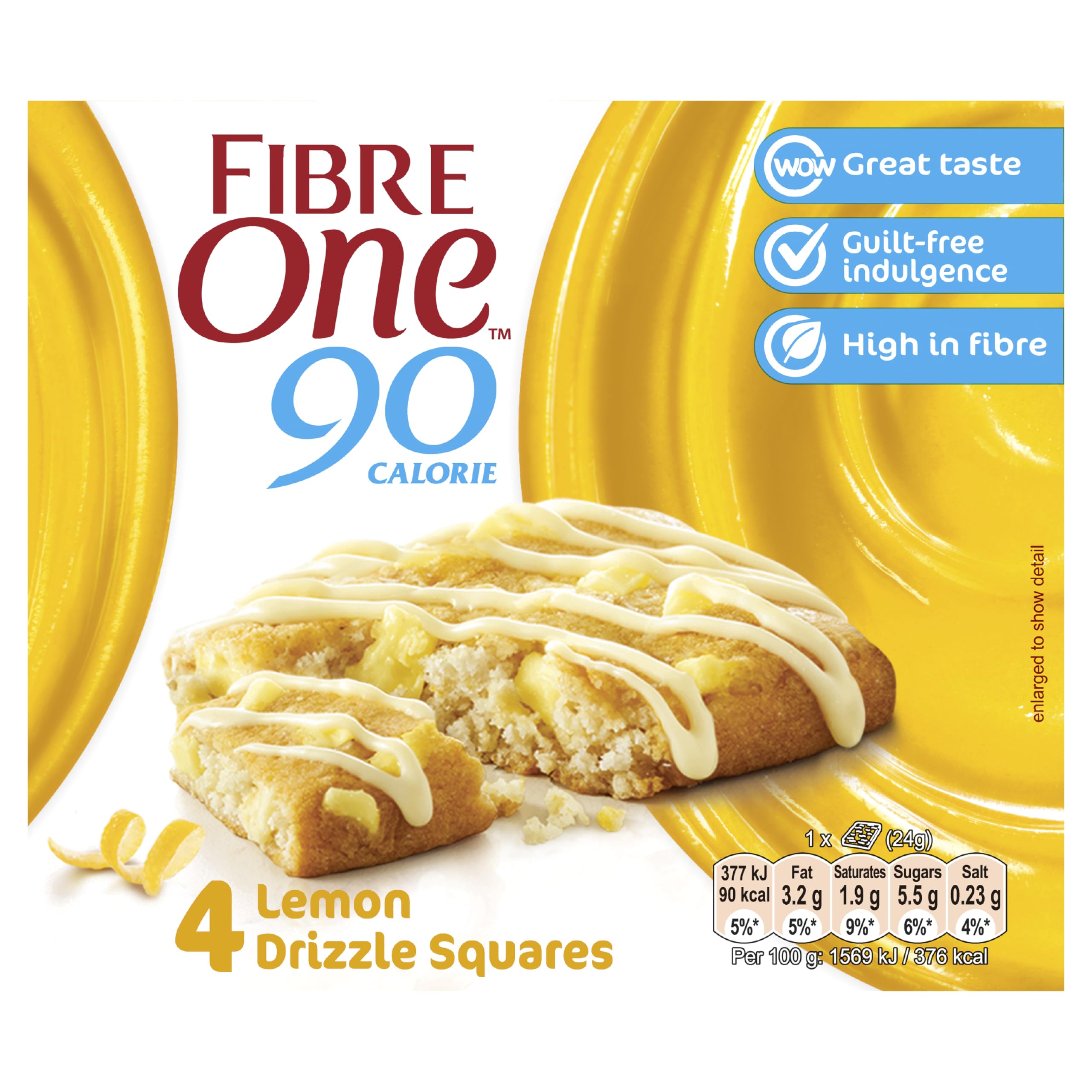 Fiber One 90 Calorie Lemon Drizzle Squares, High Fibre Snack Bar with Lemon Flavour Pieces & Drizzle, 24g (Pack of 7)