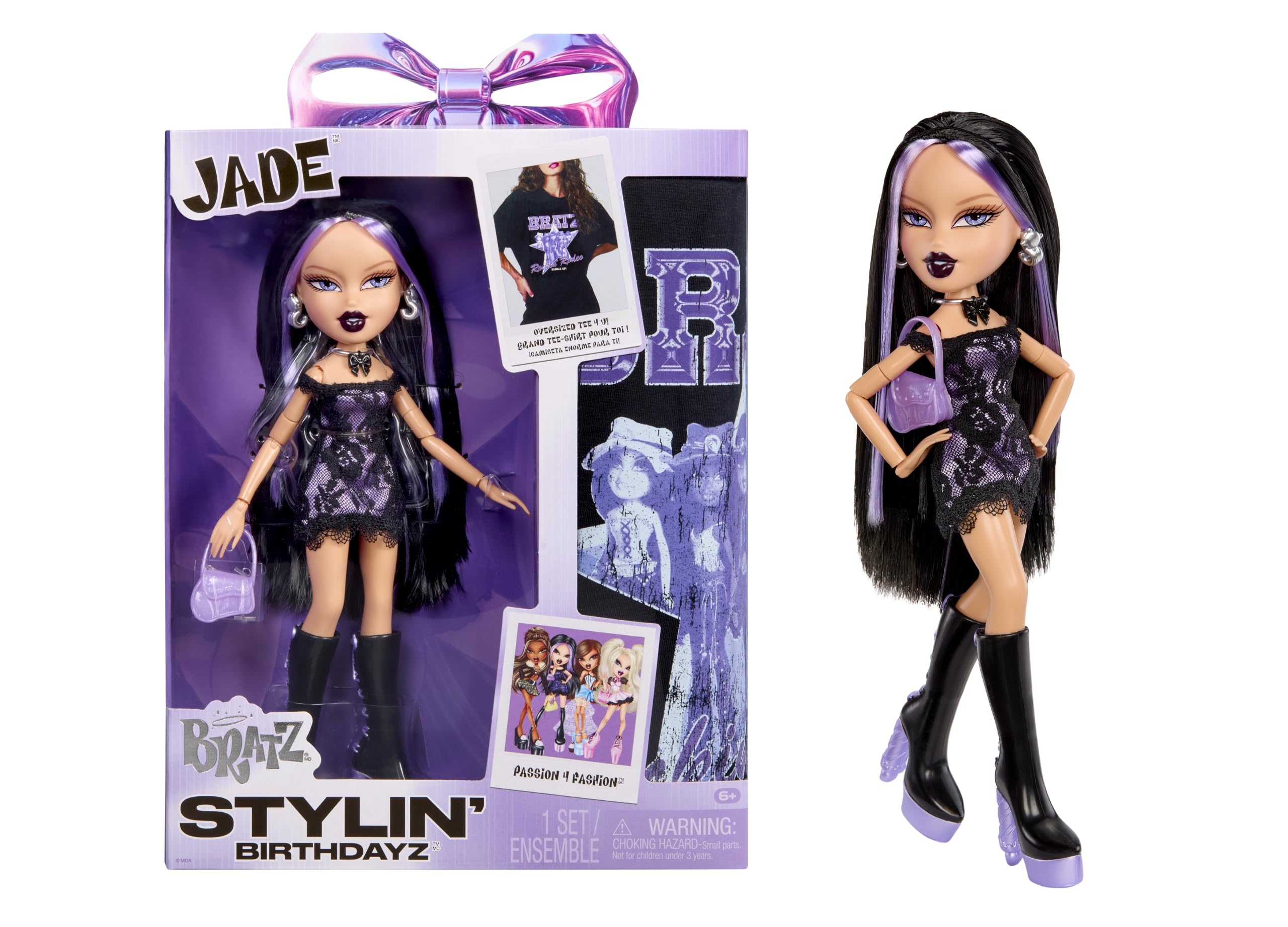 Bratz Stylin’ Birthdayz Jade Doll - Purple Satin Dress, Knee-High Boots, Graphic T-Shirt | Ages 6+ 1