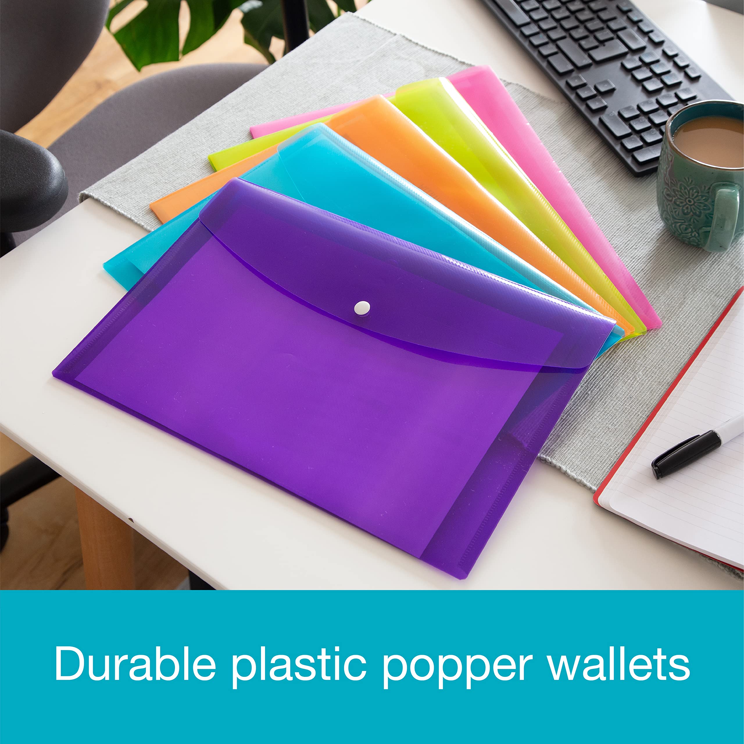 SUMMIT A4+ Plastic Popper Wallets - Assorted Colours Document Folders | Pack of 5 | Heavy Duty Polypropylene 6