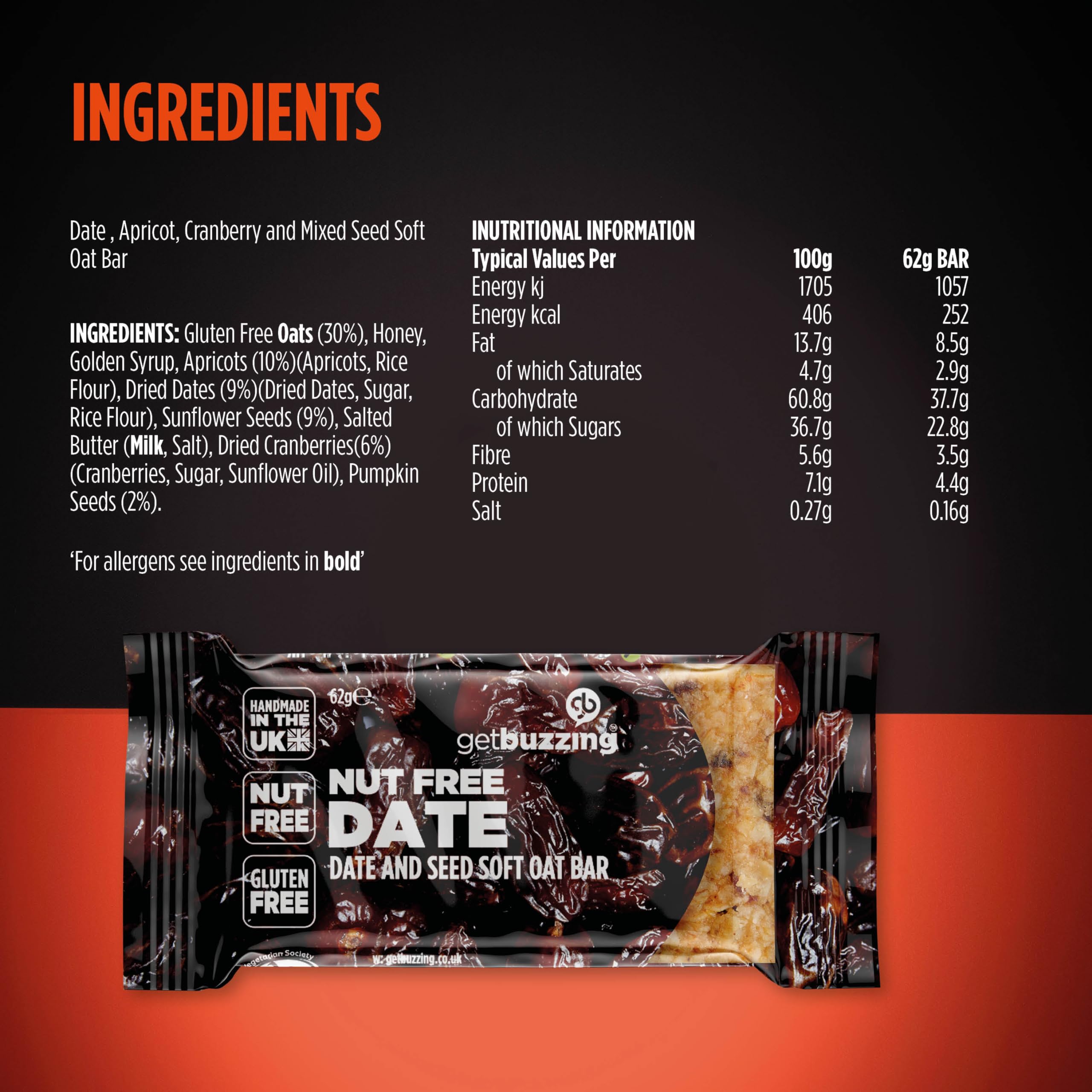 Getbuzzing Nut Free Oat Flapjack Healthy Snack & Energy Bars - Date & Seed, 20 Pack 5