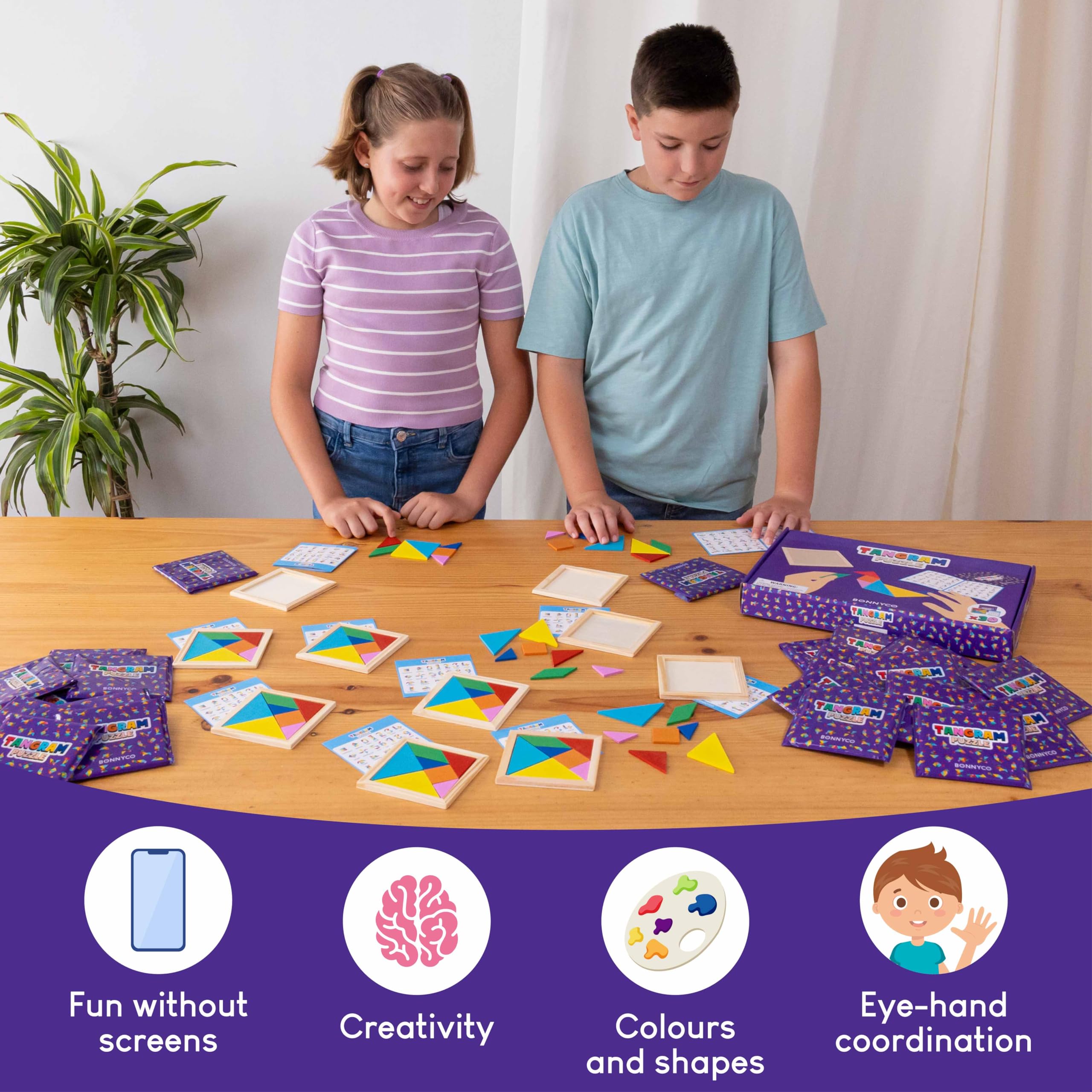 BONNYCO Tangram Puzzles - 30 Pack | Unisex Kids Party Favours | Wooden Educational Toy 4