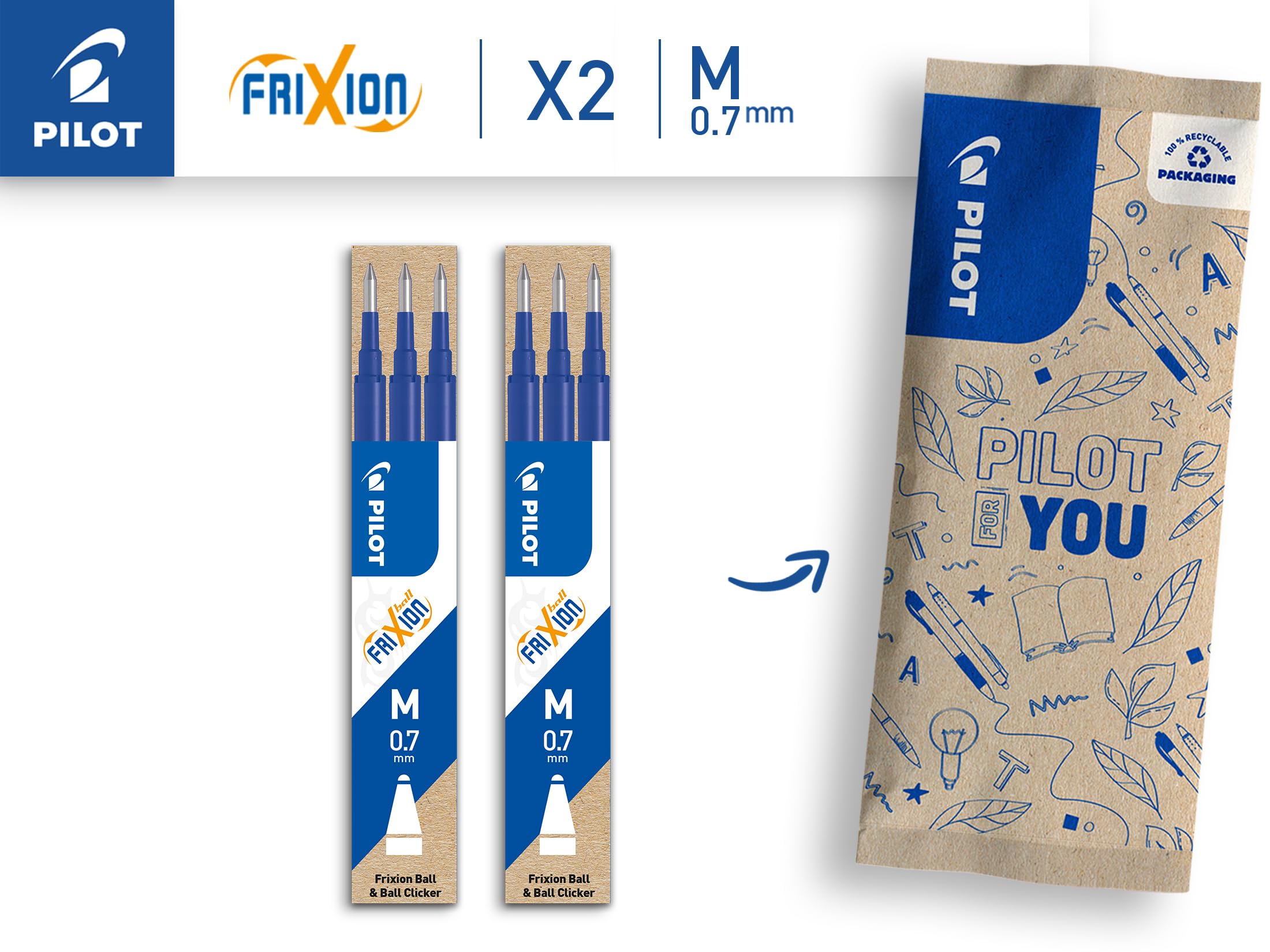PILOT FriXion Rollerball Refill - 0.7mm Tip, Blue Ink | Pack of 6