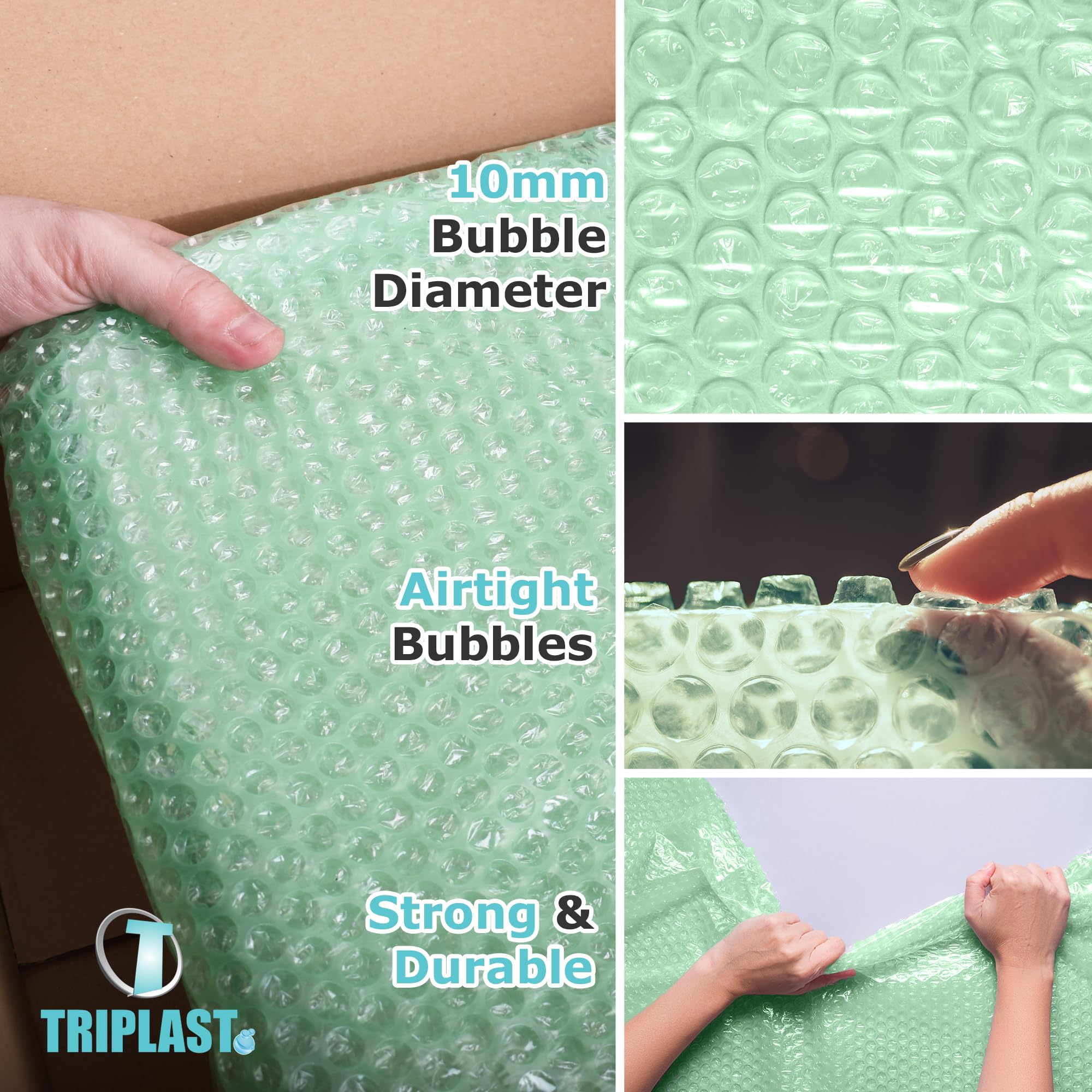 Triplast Biodegradable Bubble Wrap Roll - 400mm x 50m | Small 10mm Bubbles | Green 4