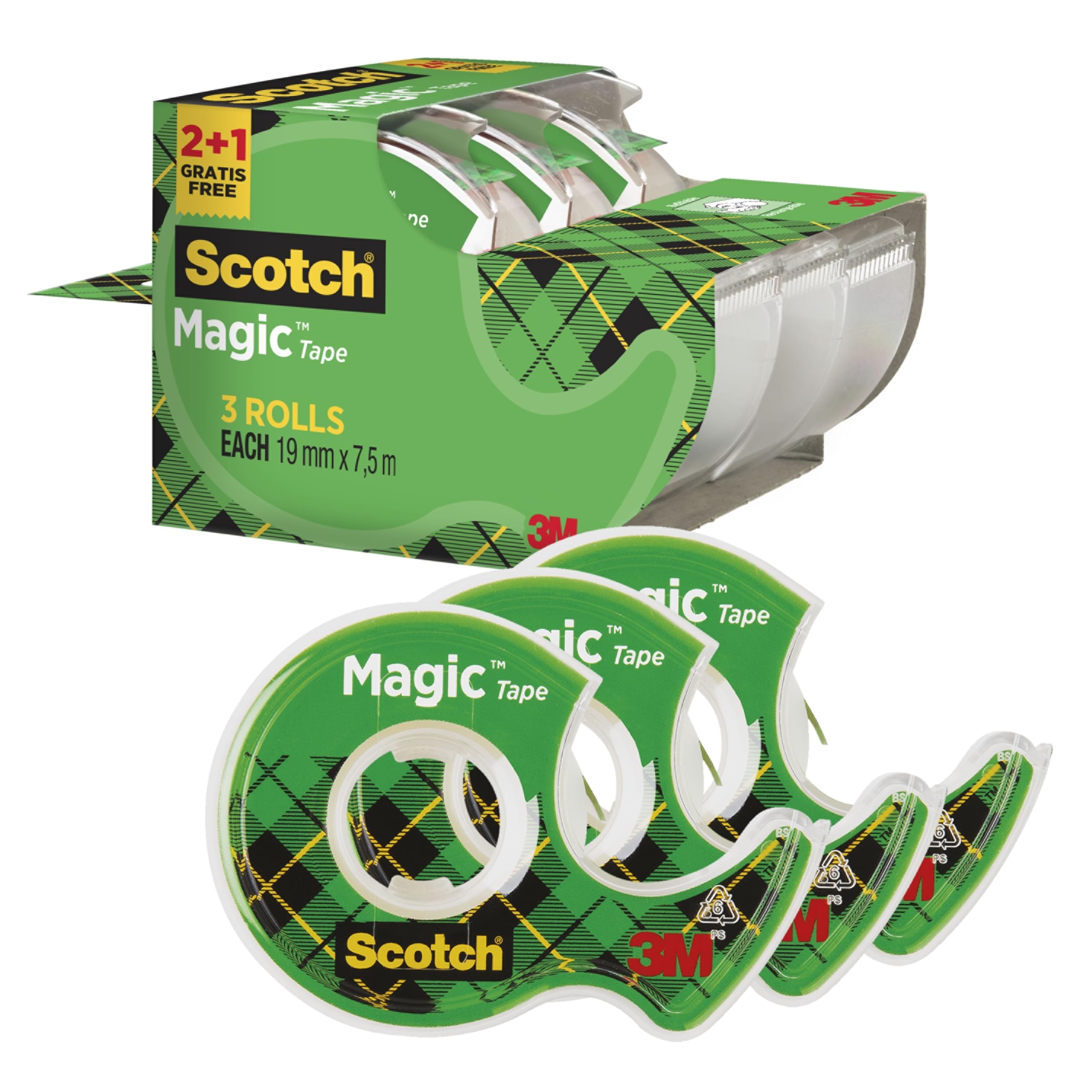Scotch Magic Tape - Promo Pack with 2 Rolls on Dispenser + 1 FREE Roll | Invisible Matte Finish