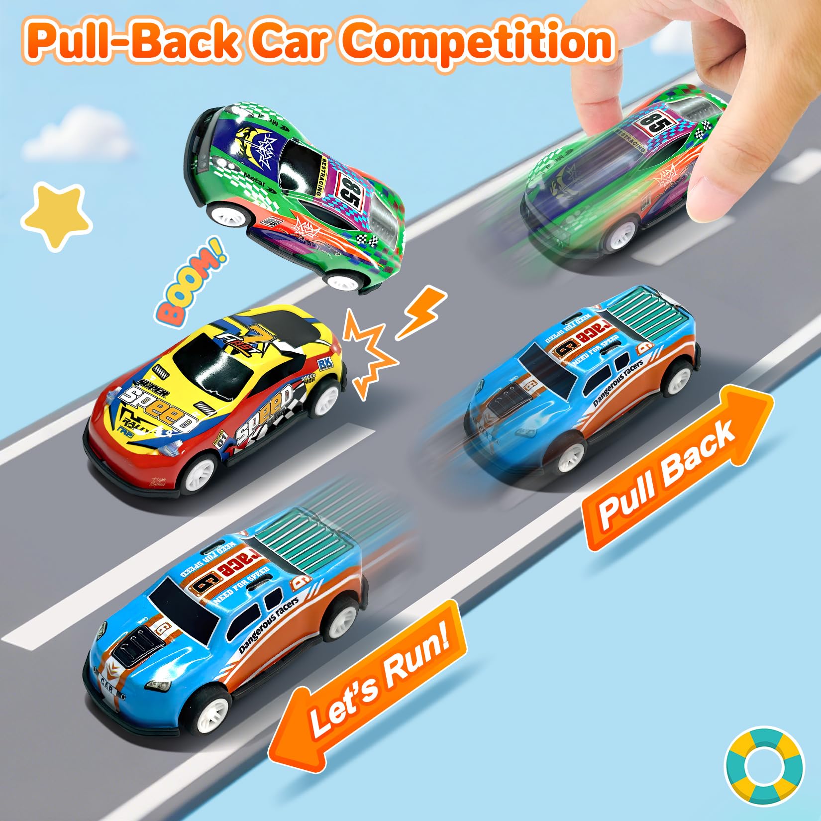 TOYABI 22Pc Metal Shell Pull-Back Race Car Set with 8 Roadblocks for Kids | Ages 3+
