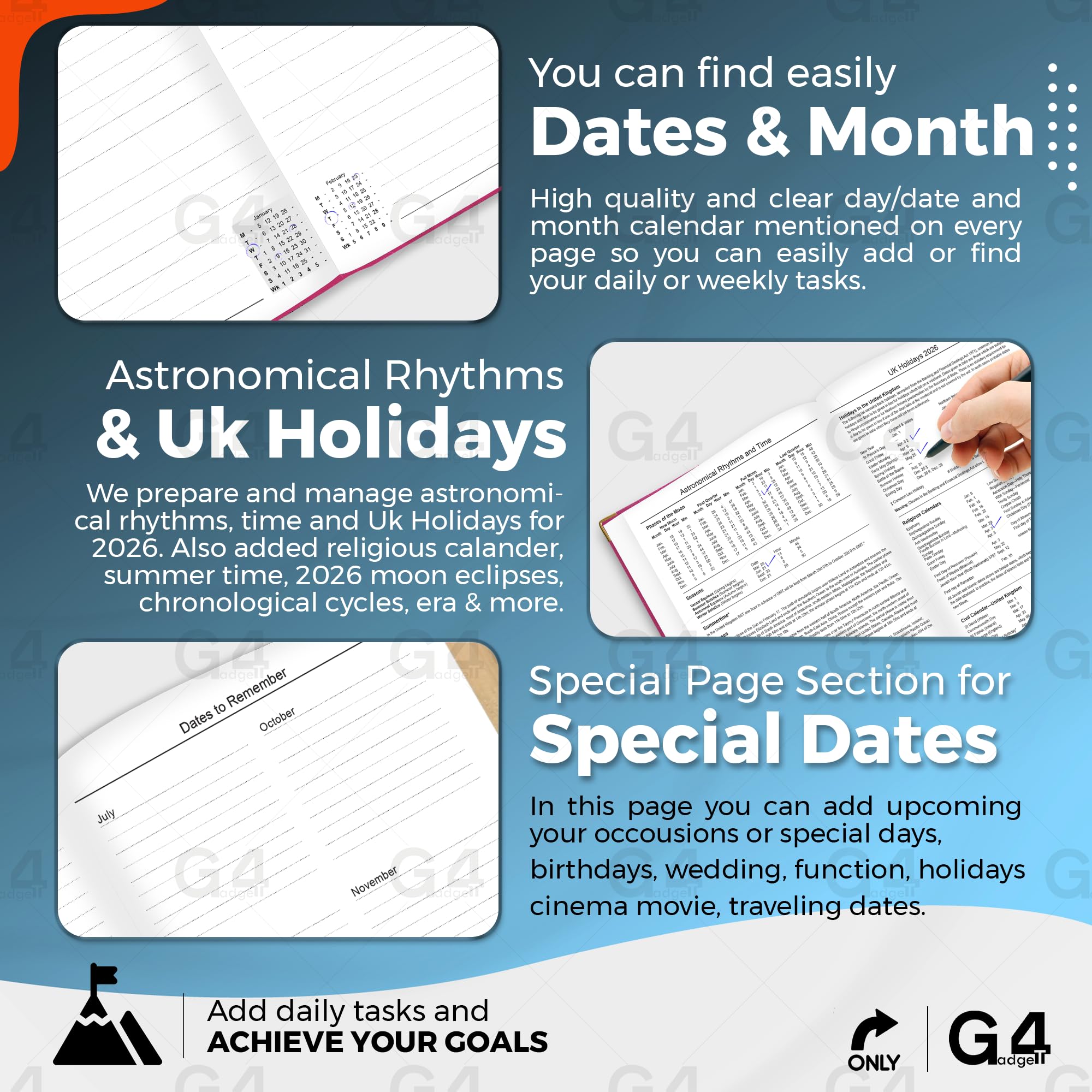 G4GADGET 2026 A5 Week to View Diary - Pink Hardback with Gilt Edges | UK Holidays Included 4