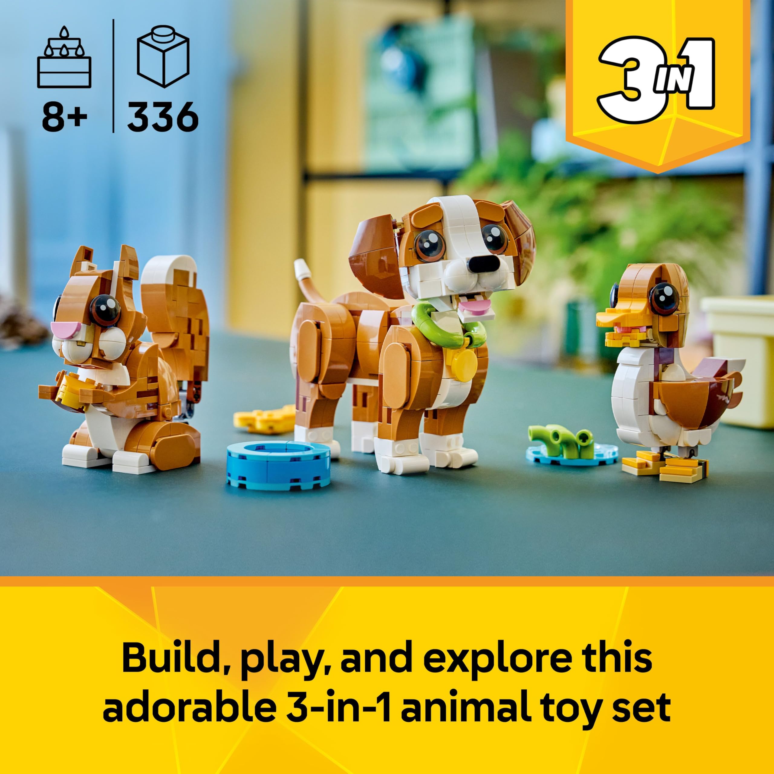 LEGO Creator 3in1 Playful Puppy Dog 336-Piece Animal Figure Toy Set | Ages 8+ | Model 31382