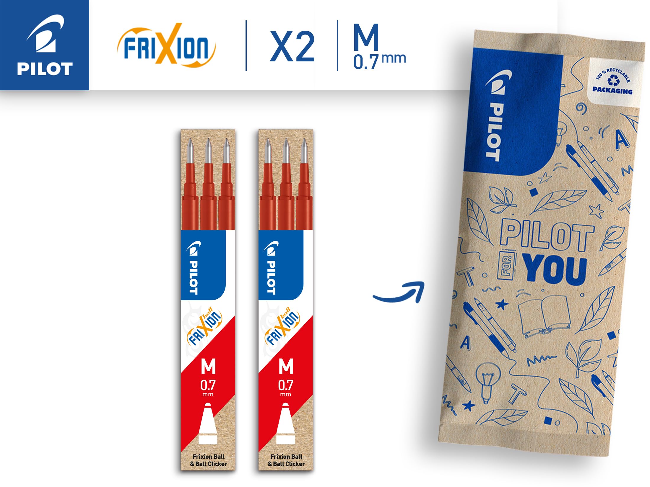 PILOT Frixion Pen Refills - 0.7mm Medium Tip, Erasable Ink | Set of 6 | Red 2