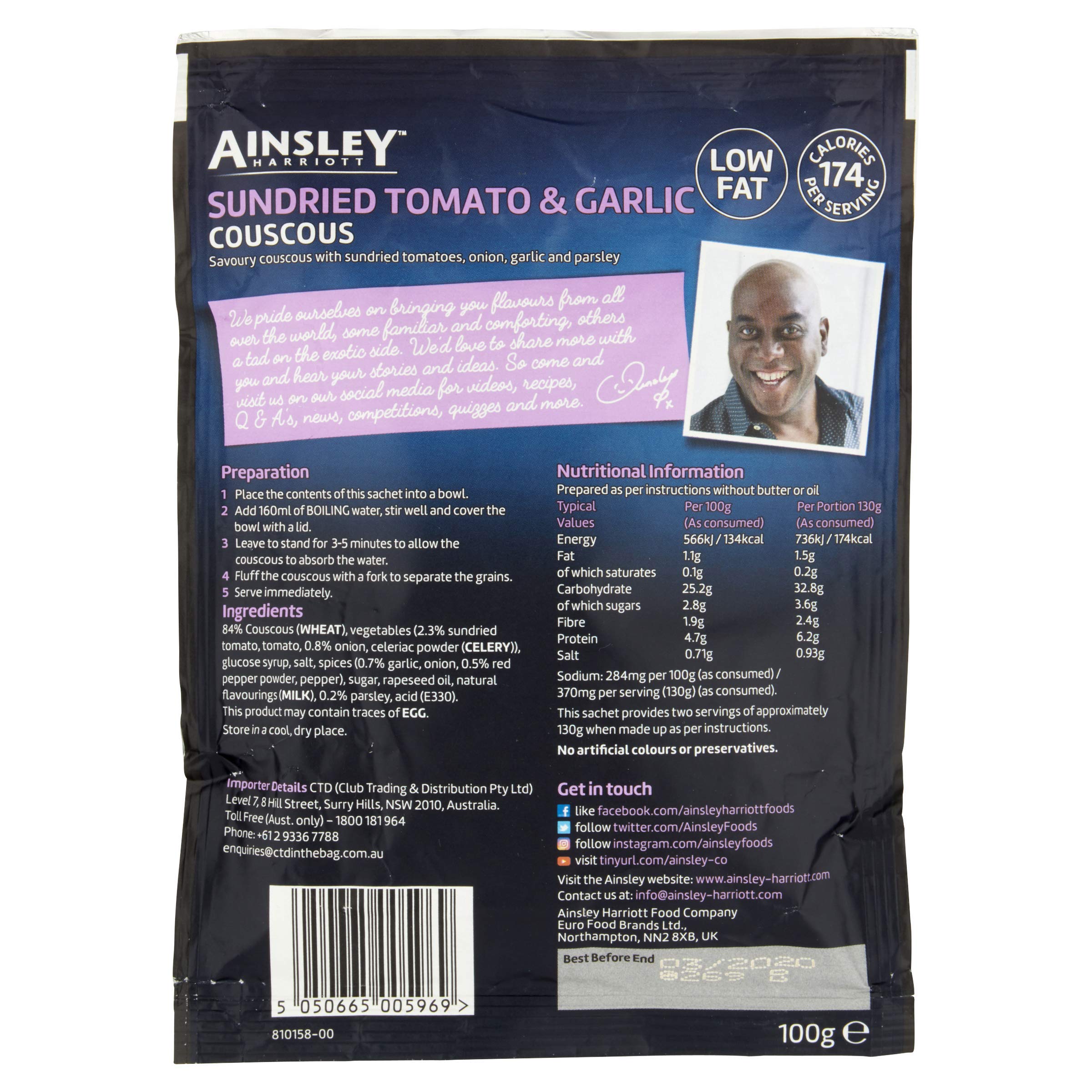 Ainsley Harriott Sundried Tomato & Garlic Couscous - 100g Pack of 12 | Low Fat