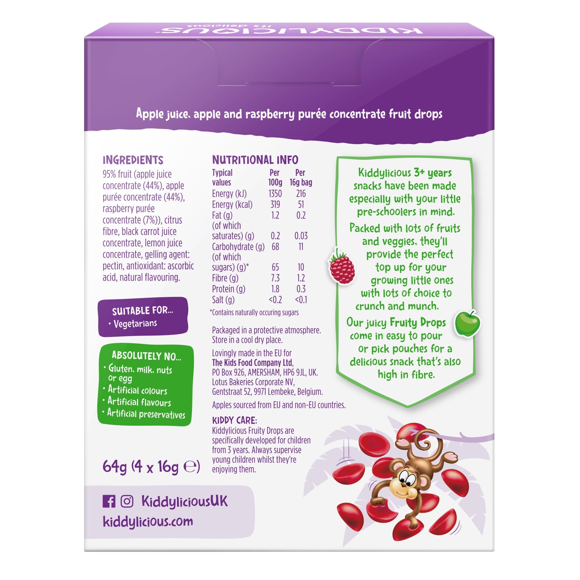 Kiddylicious Raspberry & Apple Fruity Drops - 95% Fruit Snacks | Gluten Free | 28 Count