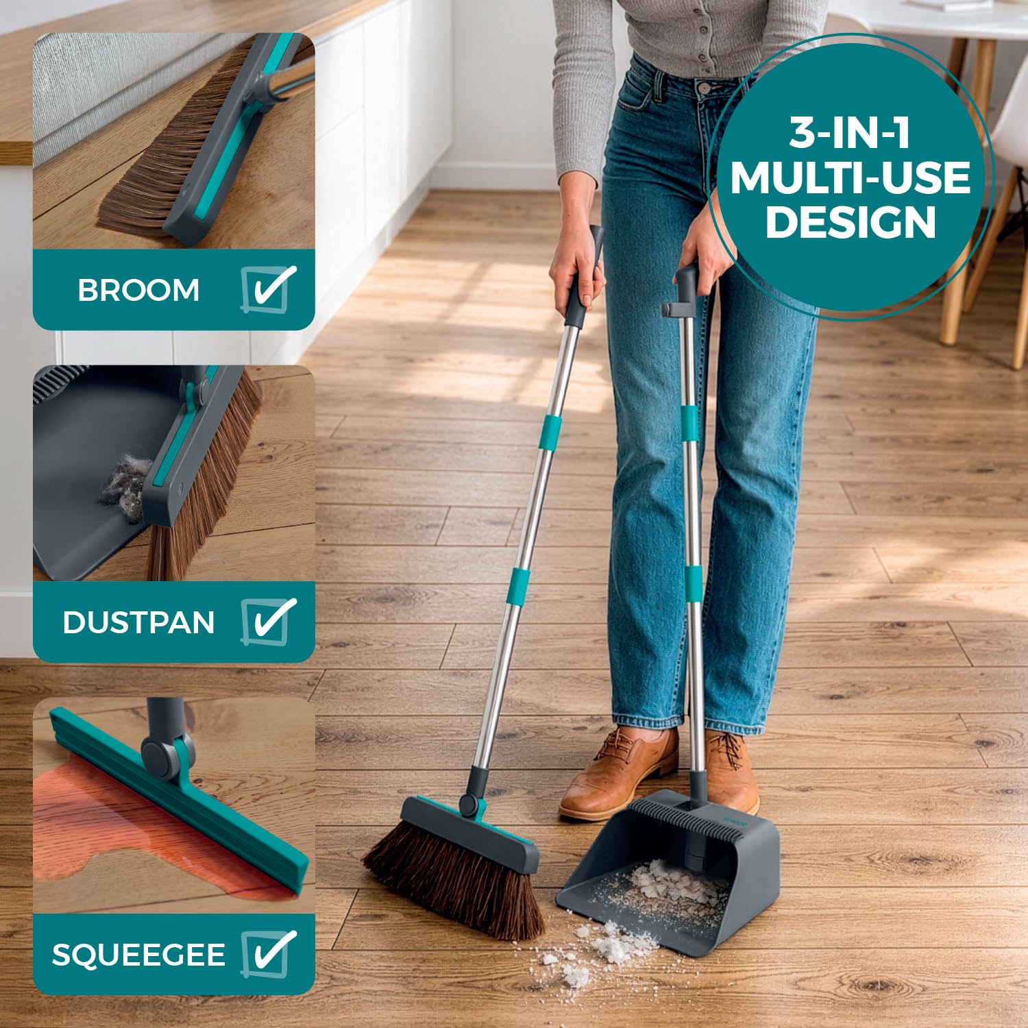 Tower 3-in-1 Dustpan and Brush Set with Squeegee | Upright Storage | 116cm Handle 3