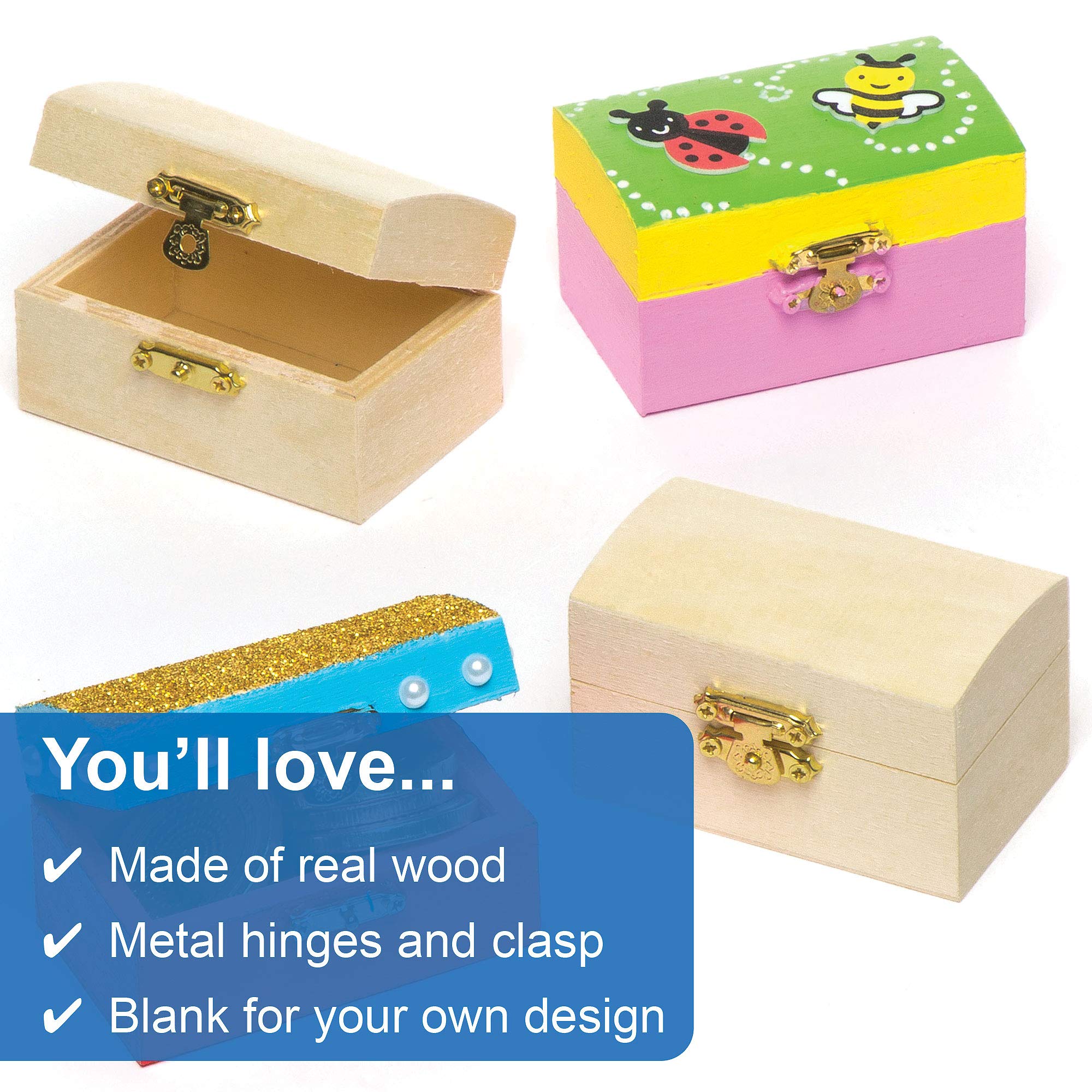 Baker Ross ET127 Mini Wooden Jewellery Box Treasure Chests - Pack of 4, 8cm x 5cm | Craft Kit 3