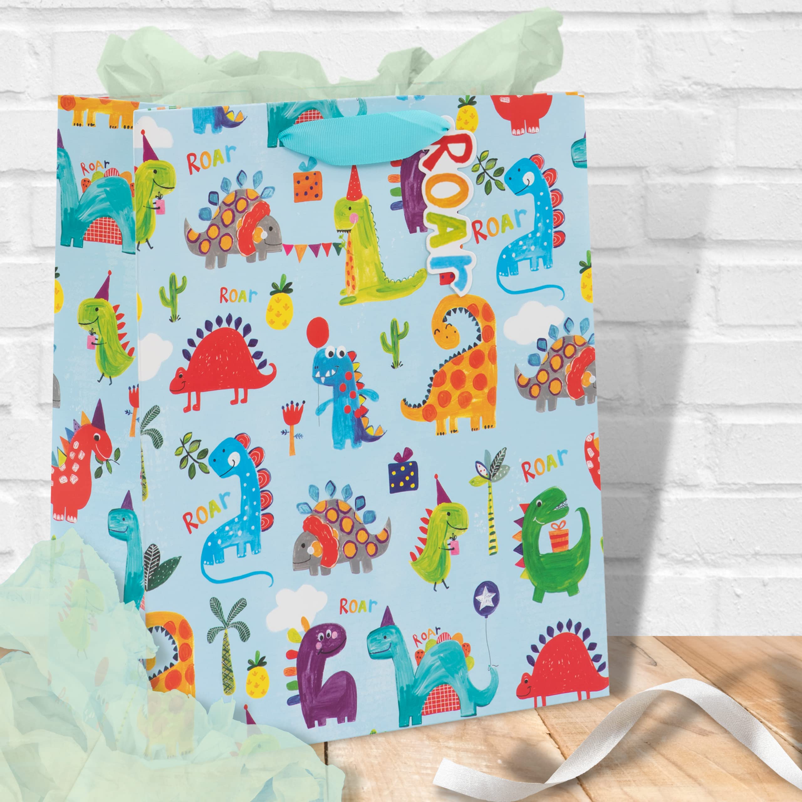 Glick Dinosaur Roar Luxury Gift Bag - Large Celebration Bag for Birthdays | Blue | 315x260x135mm