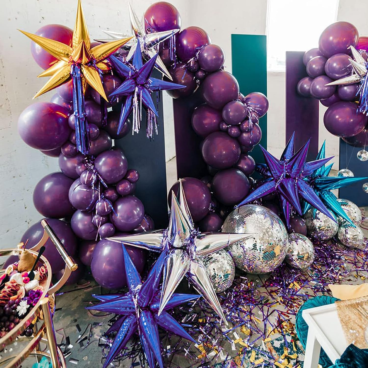 PartyWoo - Purple Star Balloons 6 pcs, One-Piece 14-Pointed Starburst Foil Balloons 27 & 22 inch with Ribbon 4
