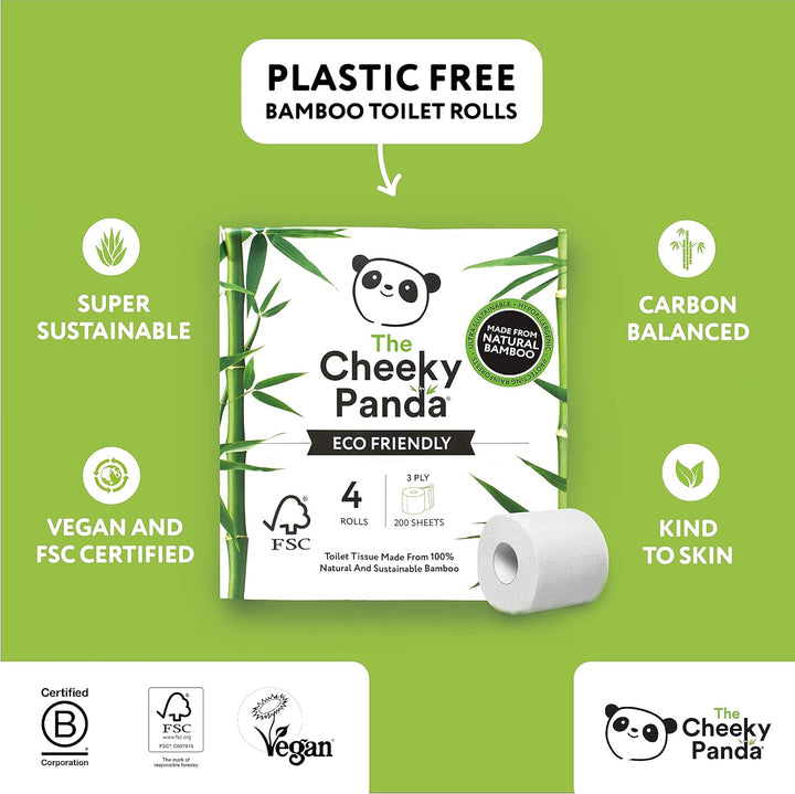 The Cheeky Panda - Bamboo Toilet Tissue Paper (Pack of 4 Rolls, 3-Ply, 200 Sheets)