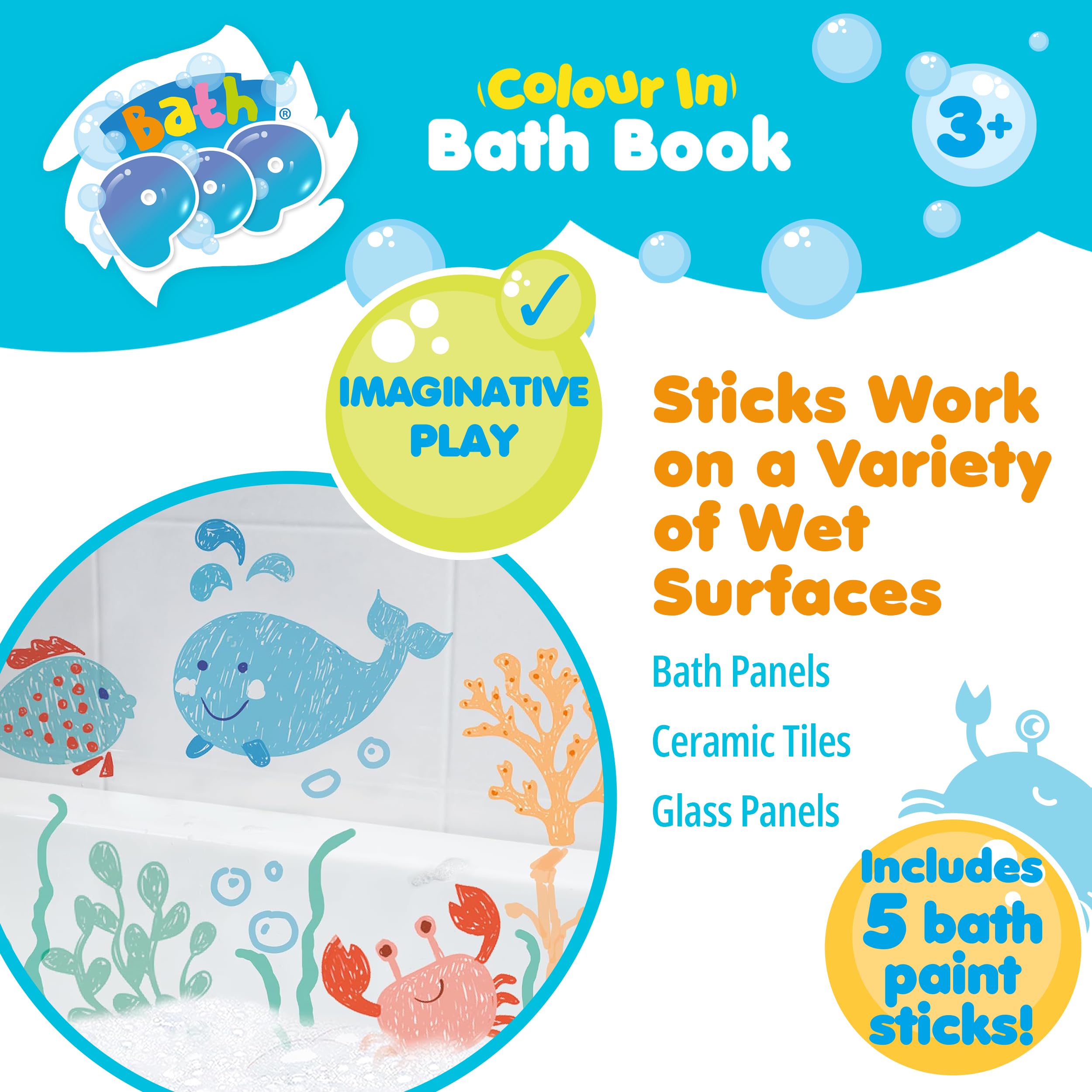 Bath Pop Colouring Book and 5 Bath Sticks - Washable Paint Set | Toddler Bath Toy | Ages 3+ 9