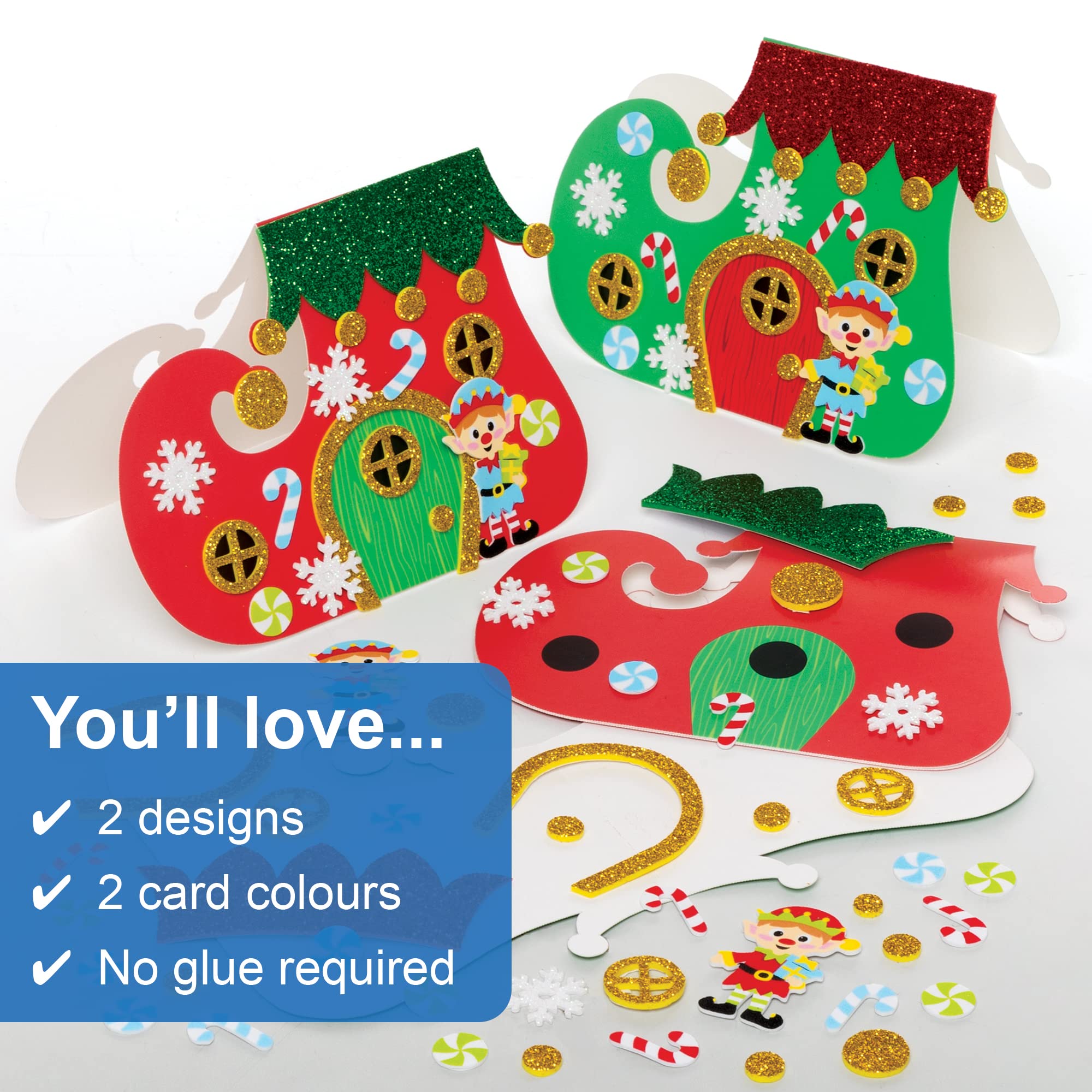 Baker Ross FE968 Christmas Elf Boot Card Kits - Pack of 6 Craft Kits for Kids 3