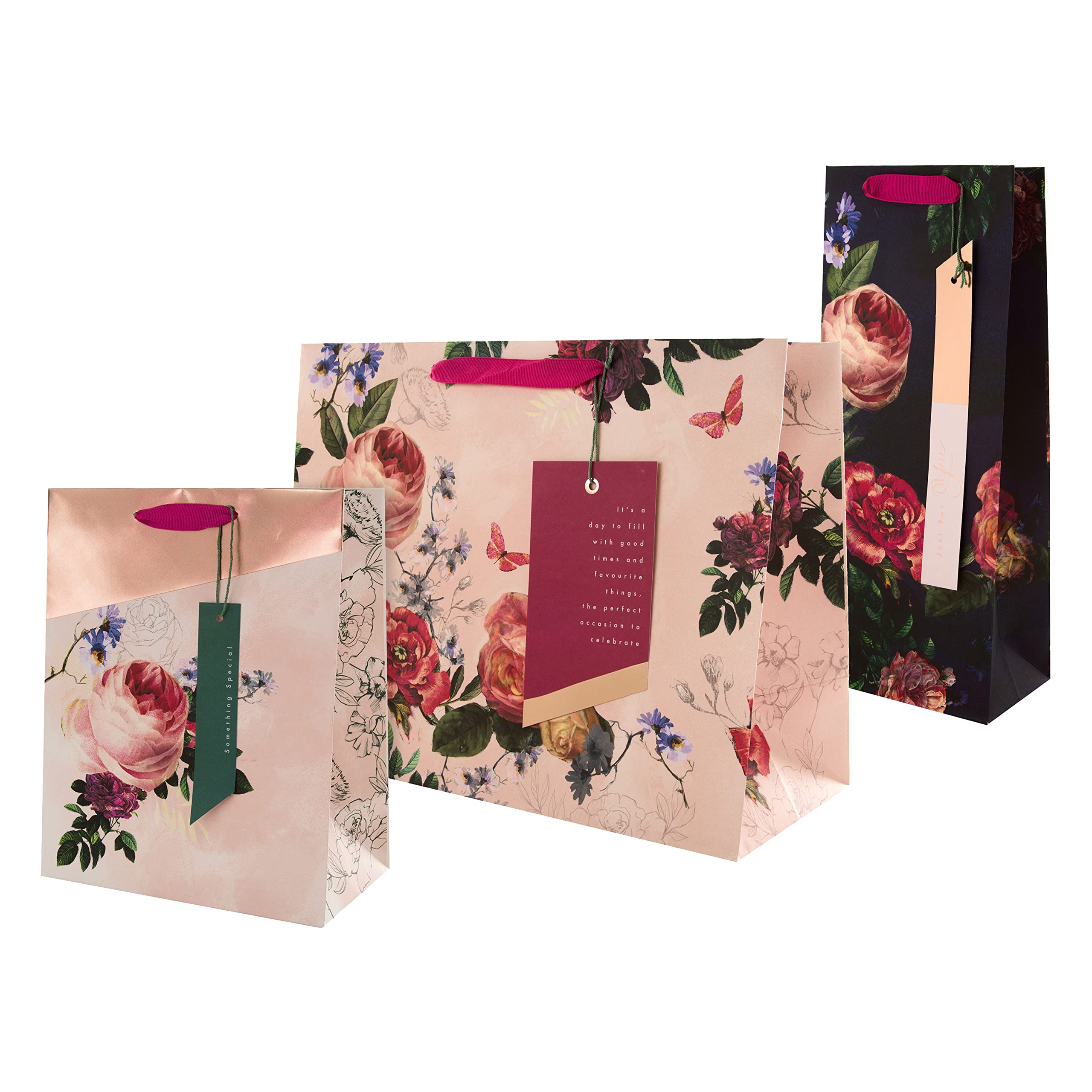 Hallmark Gift Bags - Pack of 3 (Large, Medium, Bottle) | Pink Floral with Rose Gold Foil 1