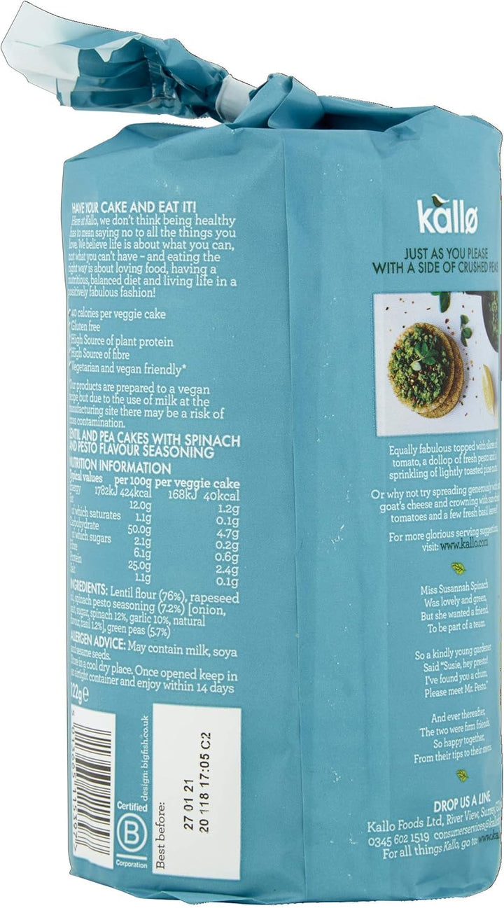 Kallo Spinach & Pesto Veggie Cakes, Lentil & Pea Puffed Crackers Made From Plant