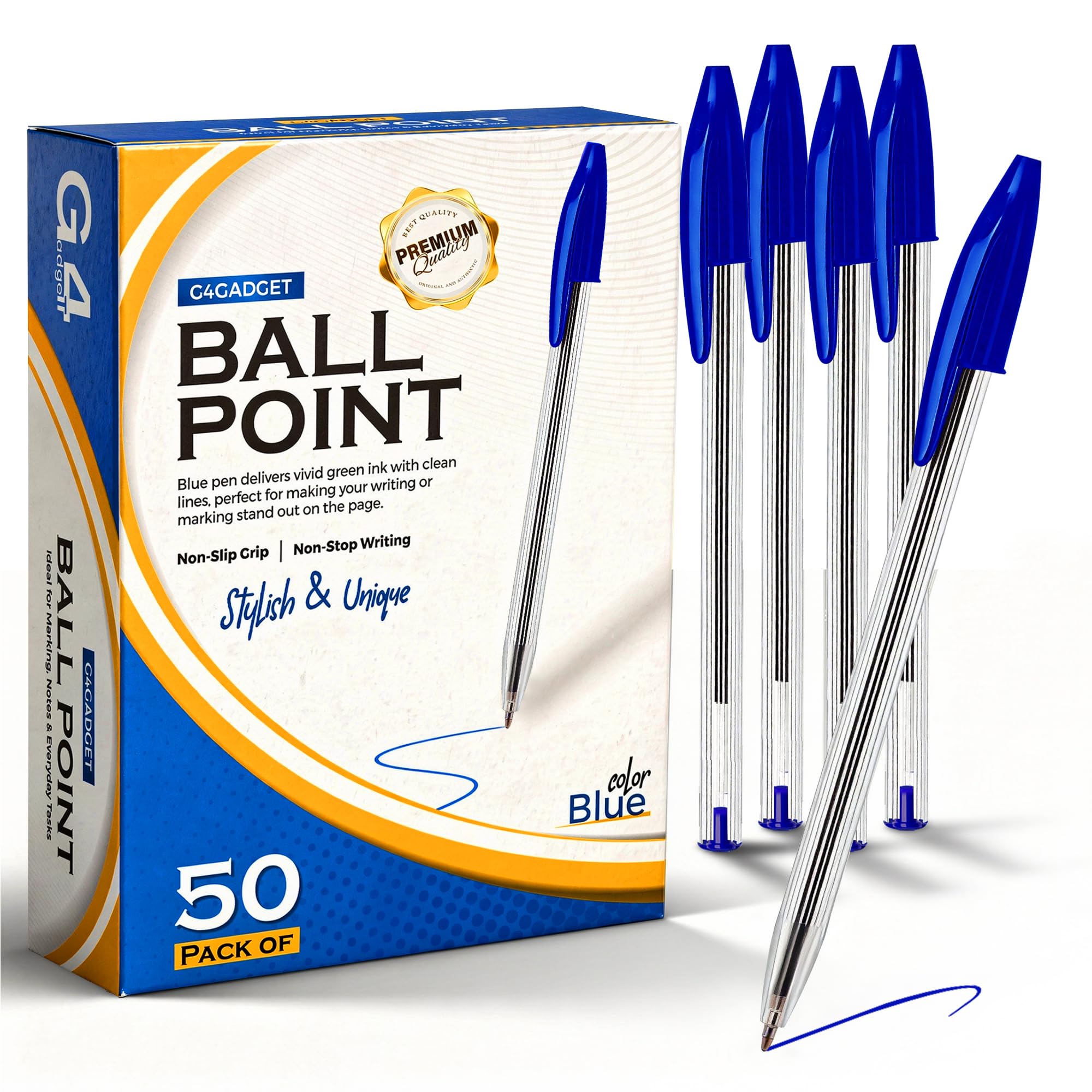 G4GADGET 50 Pack Blue Ballpoint Pens - Medium Tip 0.7mm Smooth Writing | Lightweight