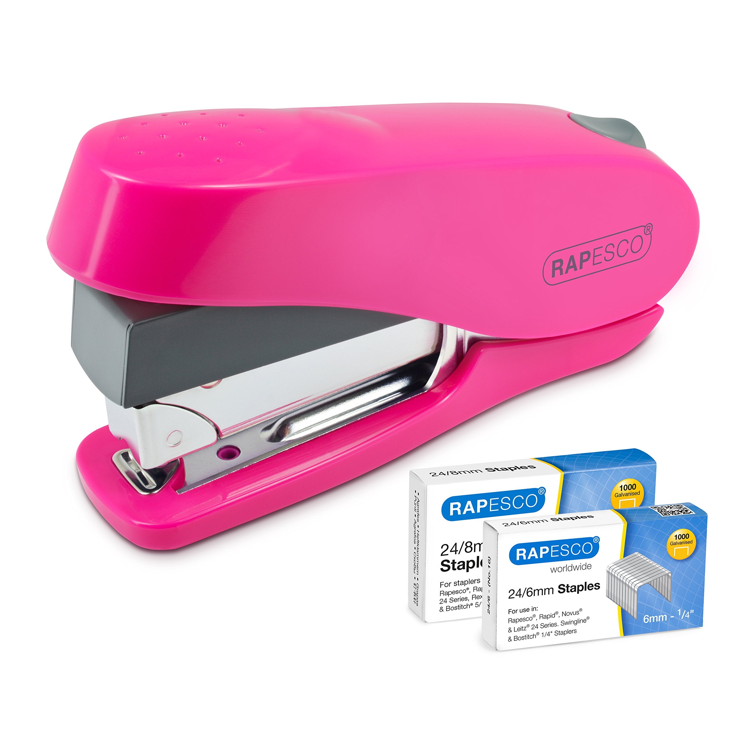 RAPESCO Luna Less Effort Desktop Stapler - 50 Sheet Capacity | Half Strip | Hot Pink