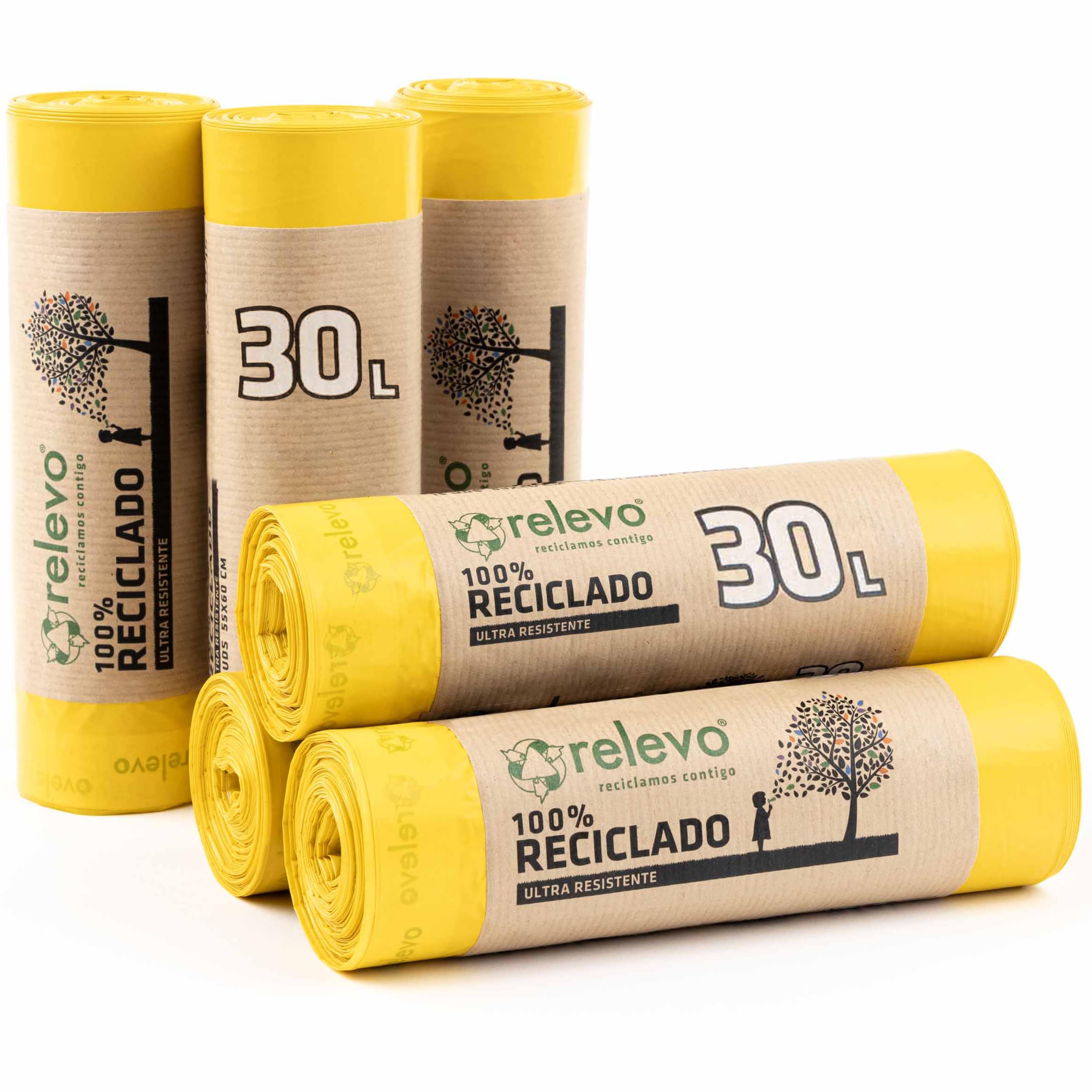 Relevo 30 Litre Bin Bags – 100% Recycled Material, 90 Sacks (6 Rolls), 55 x 60 cm, 25 kg Strength 1