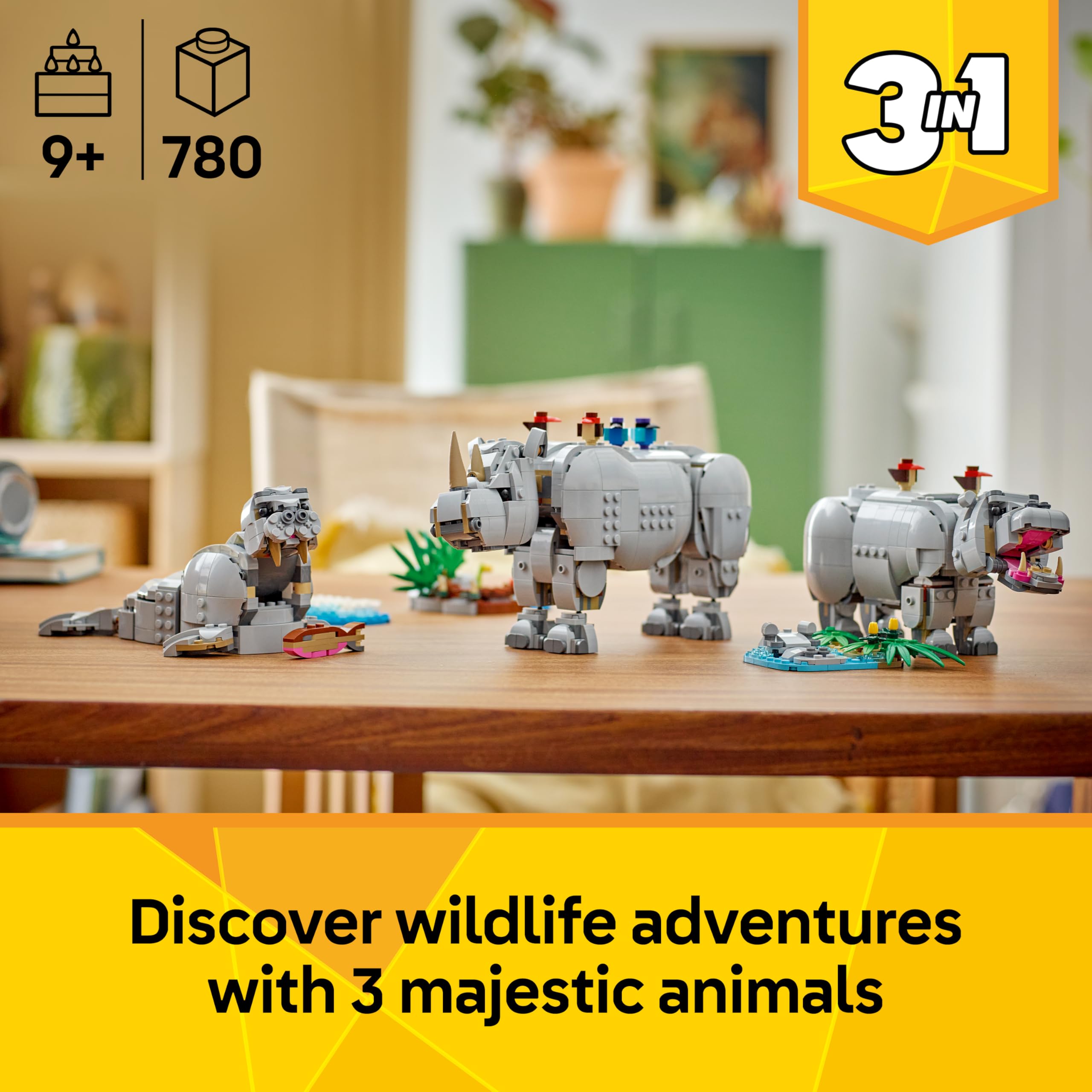 LEGO Creator 3in1 Wild Animals: Majestic Rhino with Birds Building Set | Ages 9+