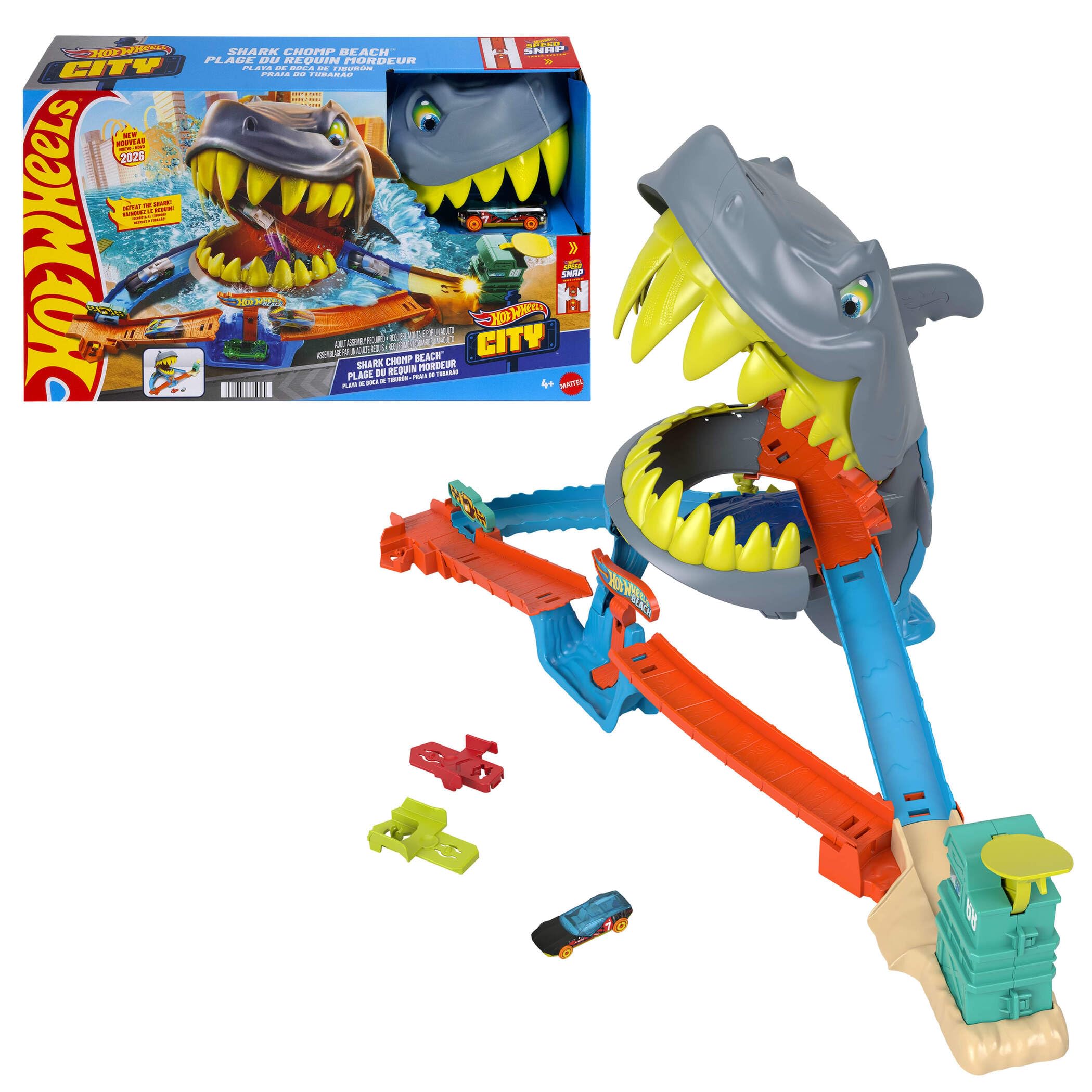Hot Wheels City Shark Chomp Beach Playset - Interactive Shark Nemesis | Includes 1:64 Scale Car
