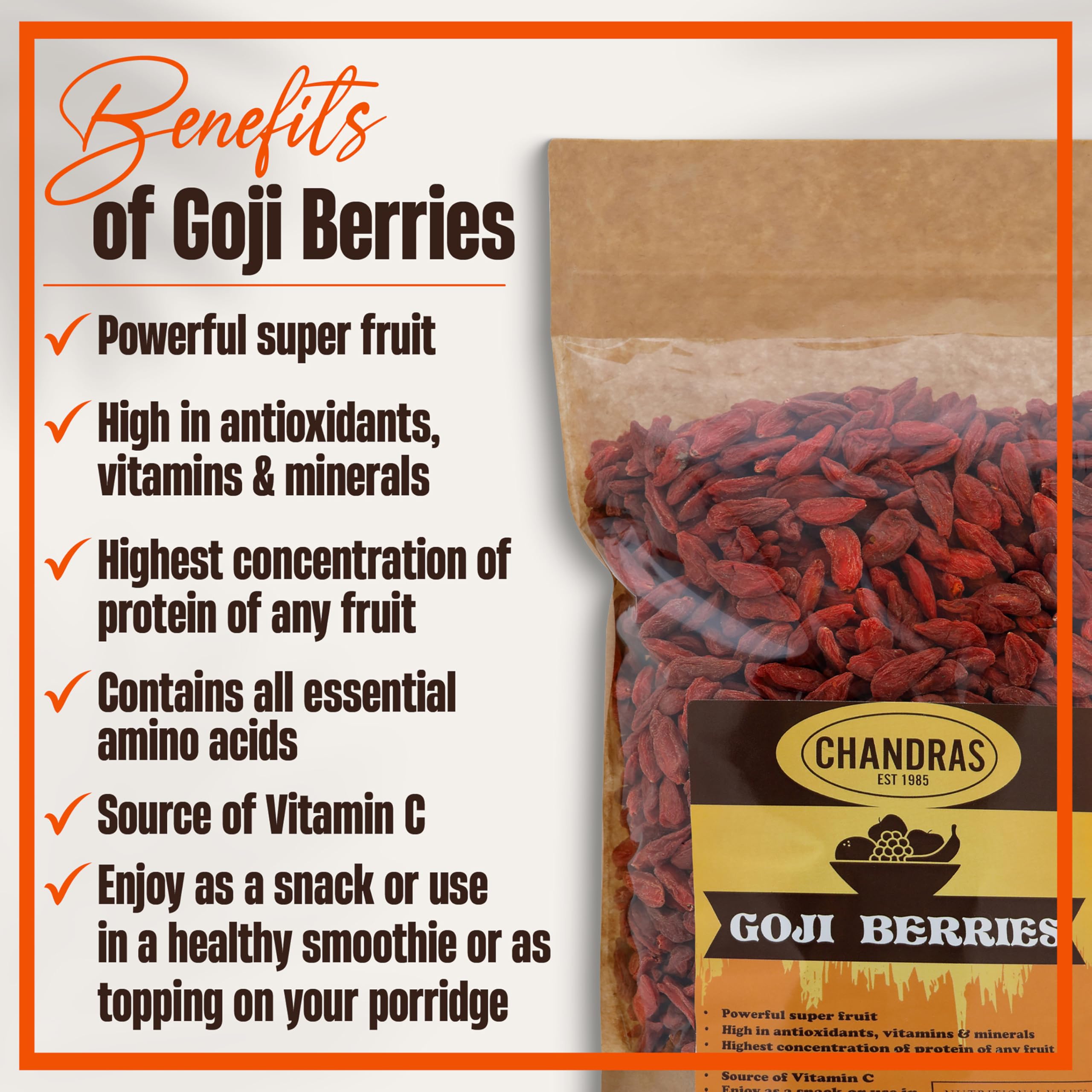 CHANDRA Whole Foods Goji Berries - 1KG Dried Super Fruit | Low-GI, High Protein 8