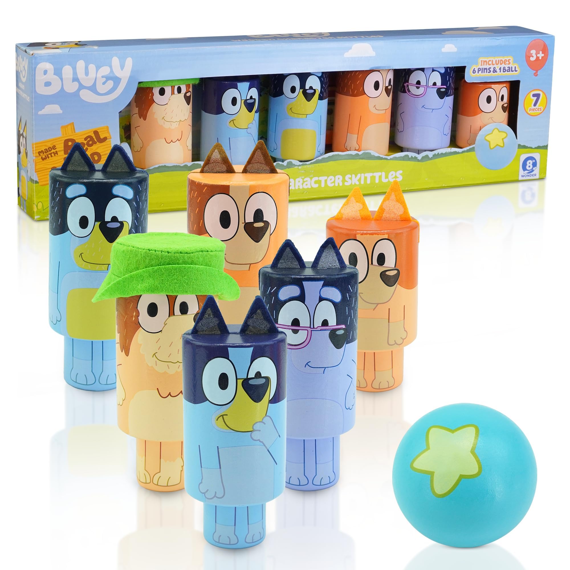 Bluey Wooden Character Skittles Set - Indoor/Outdoor Bowling Game | Ages 3+