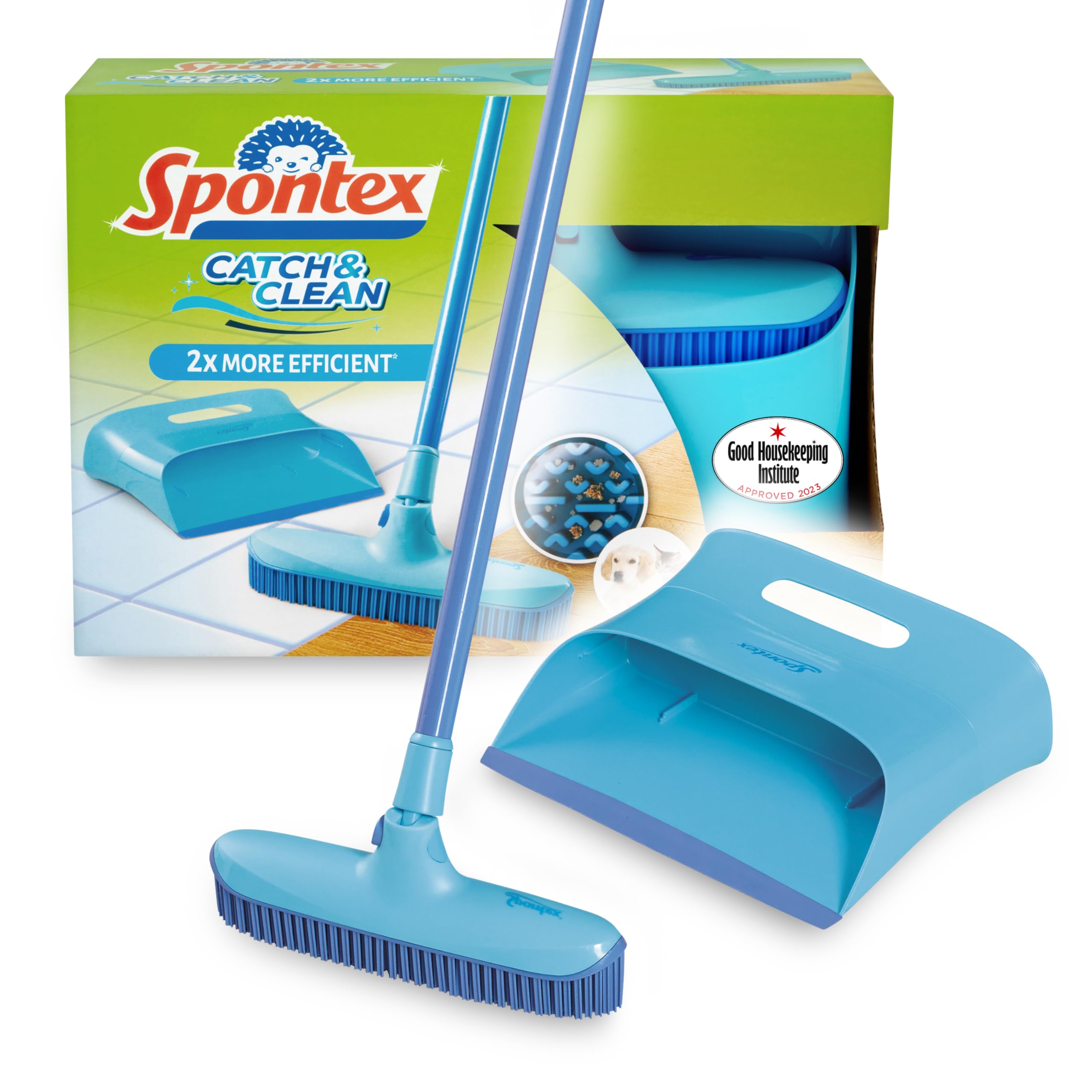 Spontex Catch & Clean Rubber Broom and Dustpan Set - 2X More Efficient | Adjustable Head 1