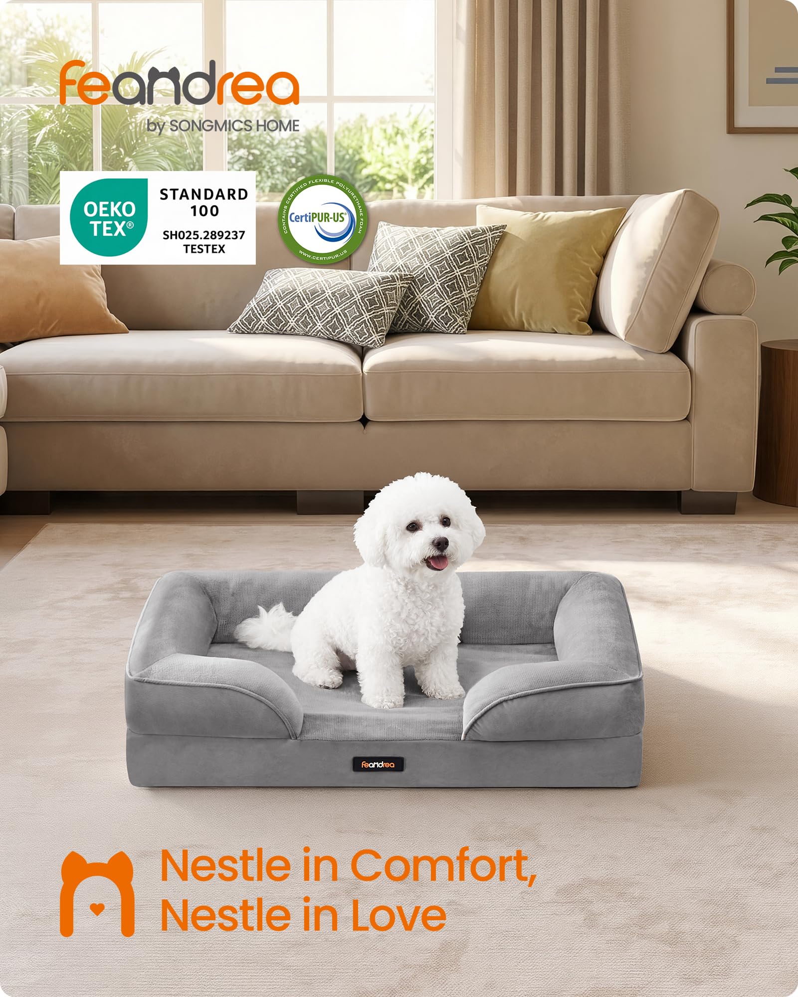 Feandrea Orthopaedic Dog Sofa Bed - Egg Crate Foam Support | Raised Sides | Water-Resistant | Dove Grey | 76 x 51 x 16 cm 2