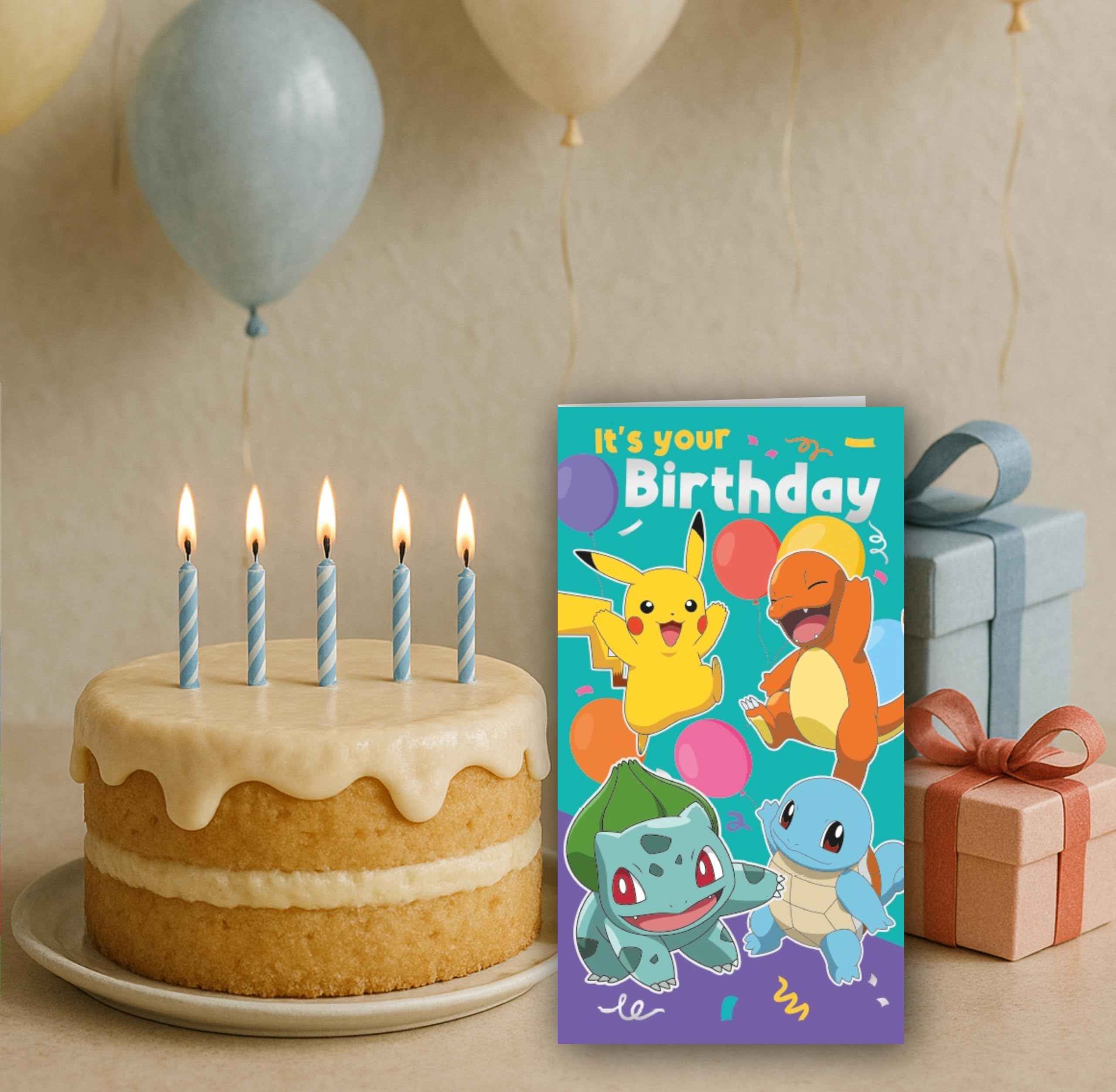 Danilo Promotions LTD Pokémon Birthday Greeting Card | Features Pikachu, Charmander, Bulbasaur, Squirtle | Standard Size