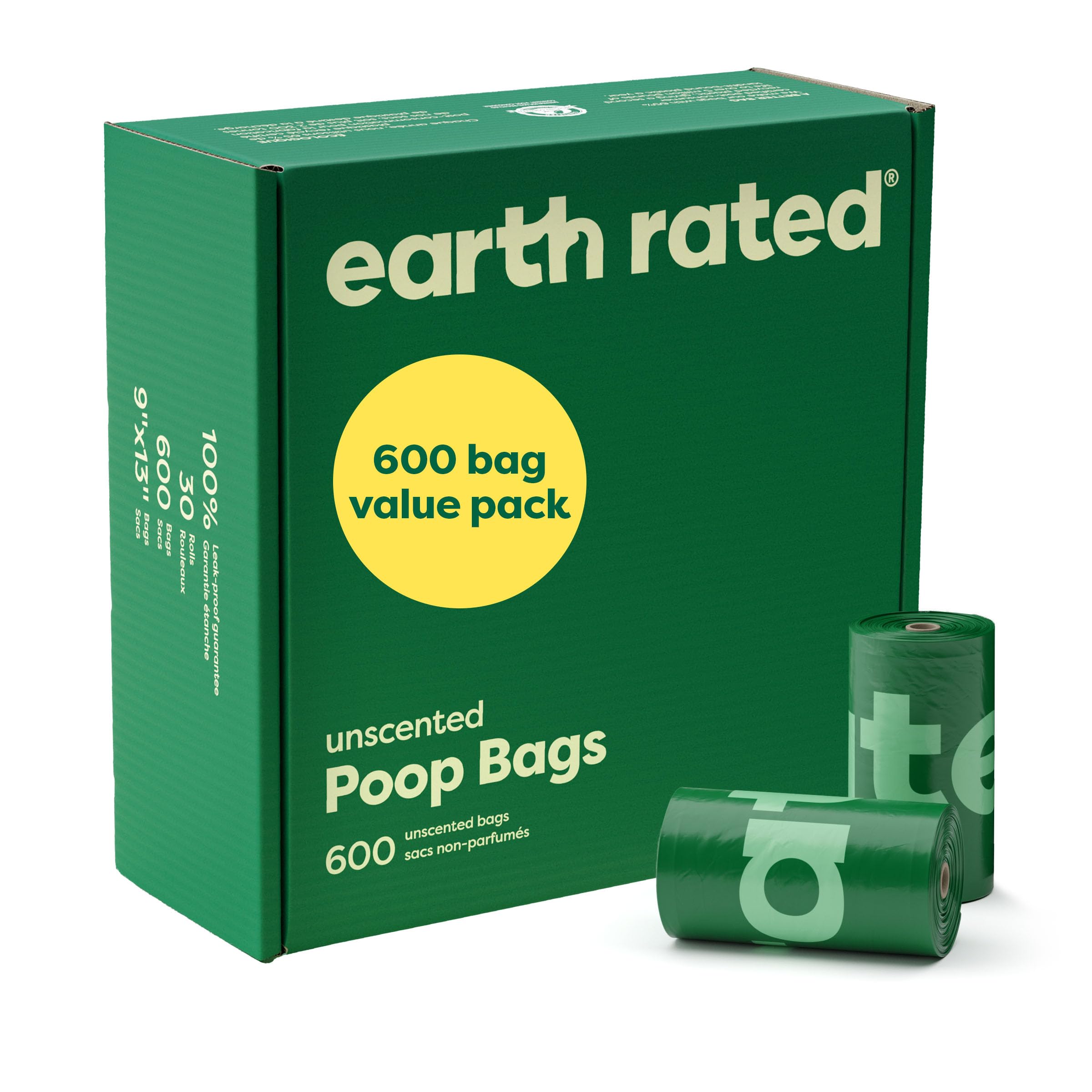 Earth Rated Dog Poo Bags Value Pack - 600 Unscented, Leak-Proof Bags | Green