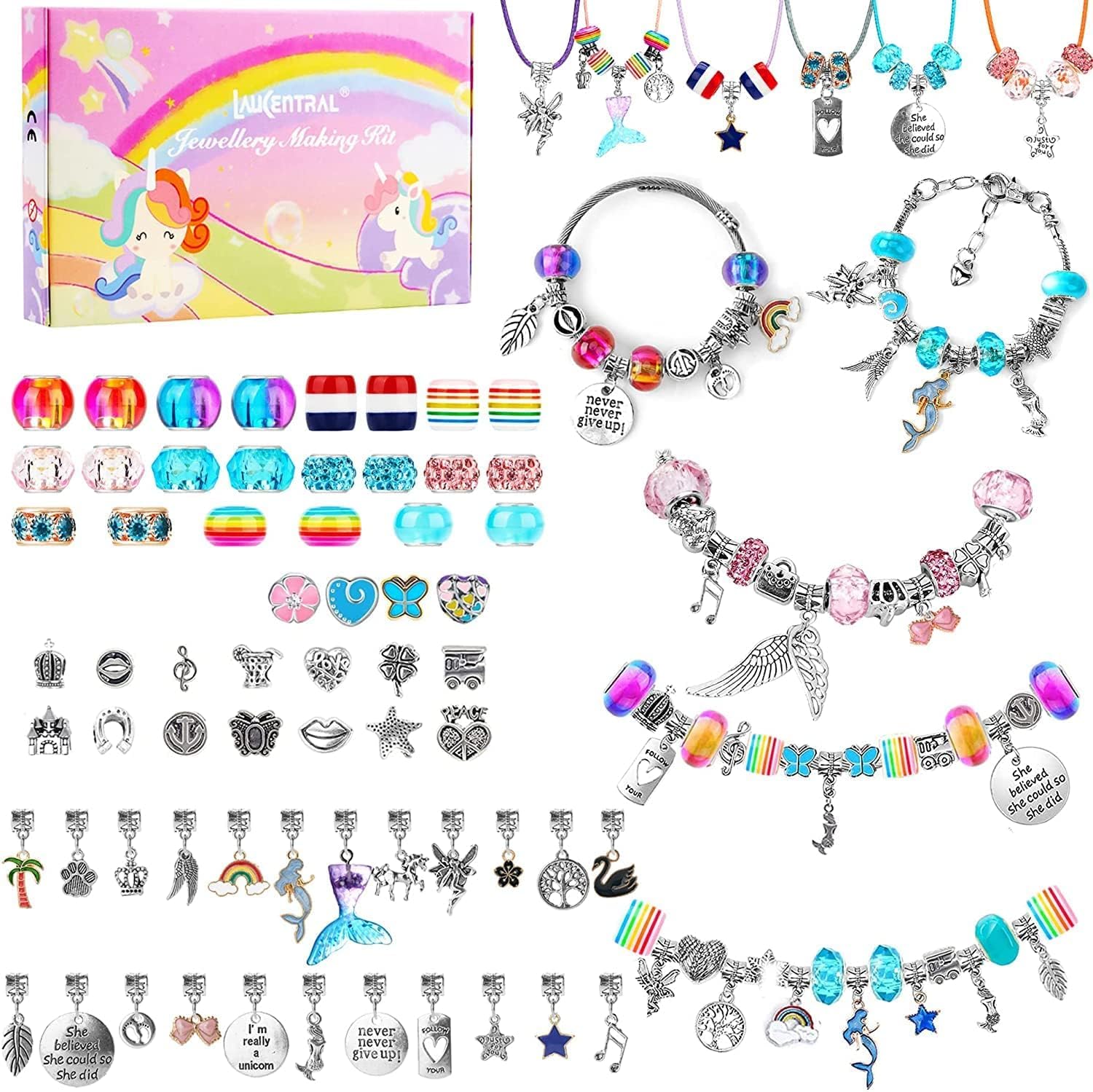 LauCentral 73 Piece Charm Bracelet Making Kit for Kids | Metal & Rainbow Beads | TY004 1