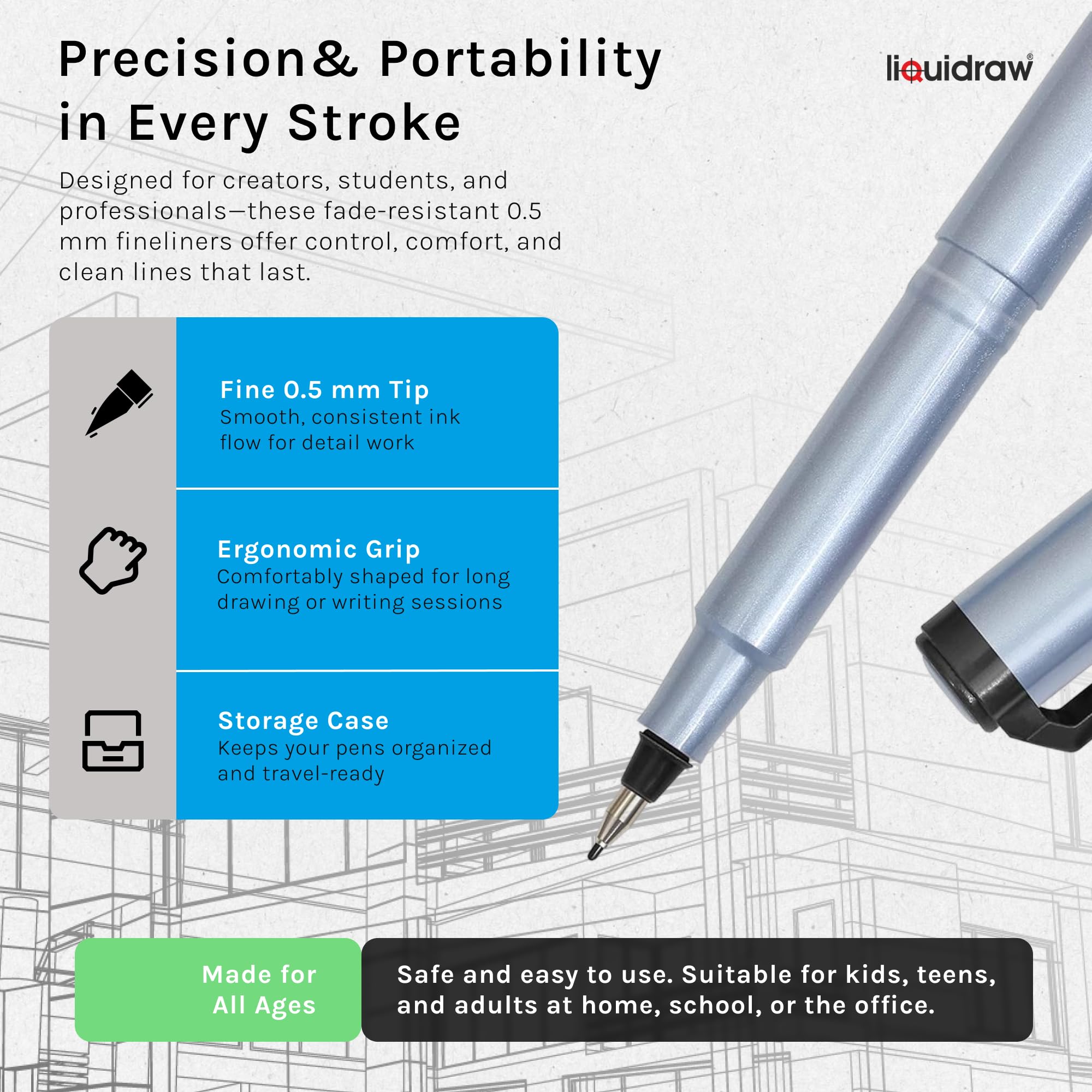 Liquidraw Fineliner Pens Set - 10 Pack Black Ink | 0.5mm Fine Point | Fade Resistant 2